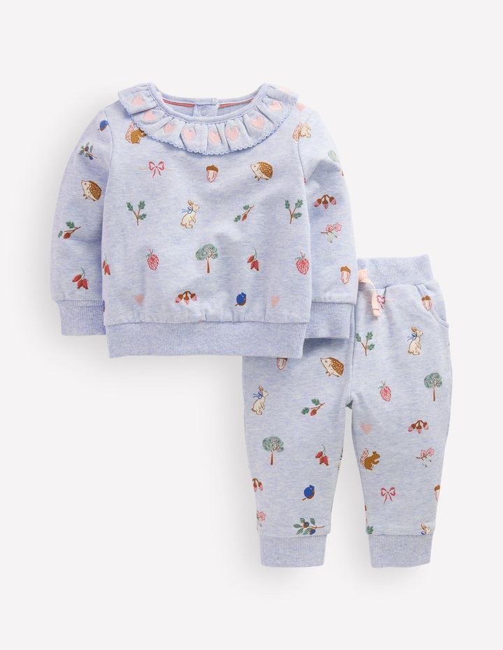Ruffle Neck Sweatshirt Set-Blue Marl