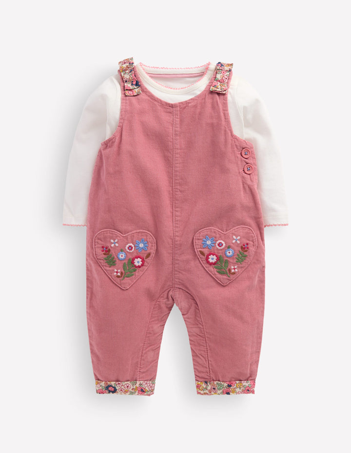 Woven Overalls Set-Formica Pink Floral Embroidery