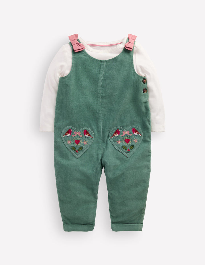 Woven Overalls Set-Larch Green Festive Embroidery