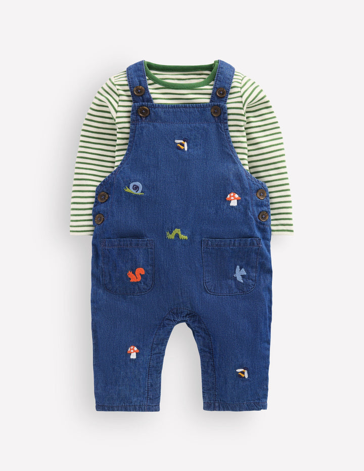 Woven Overalls Set-Denim Woodland Embroidery