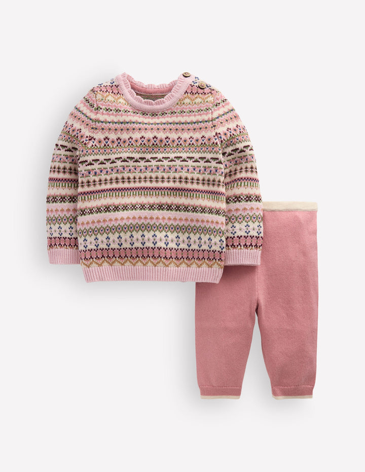 Fair Isle Knitted Sweater Set-Pink Heather