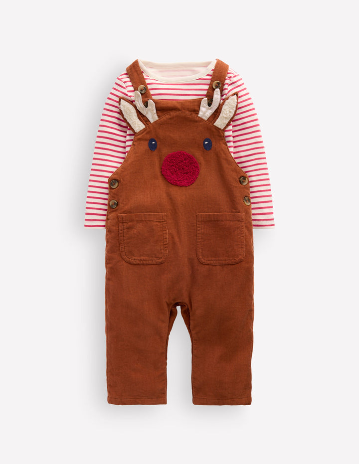 Novelty Cord Dungaree Set-Brown Reindeer