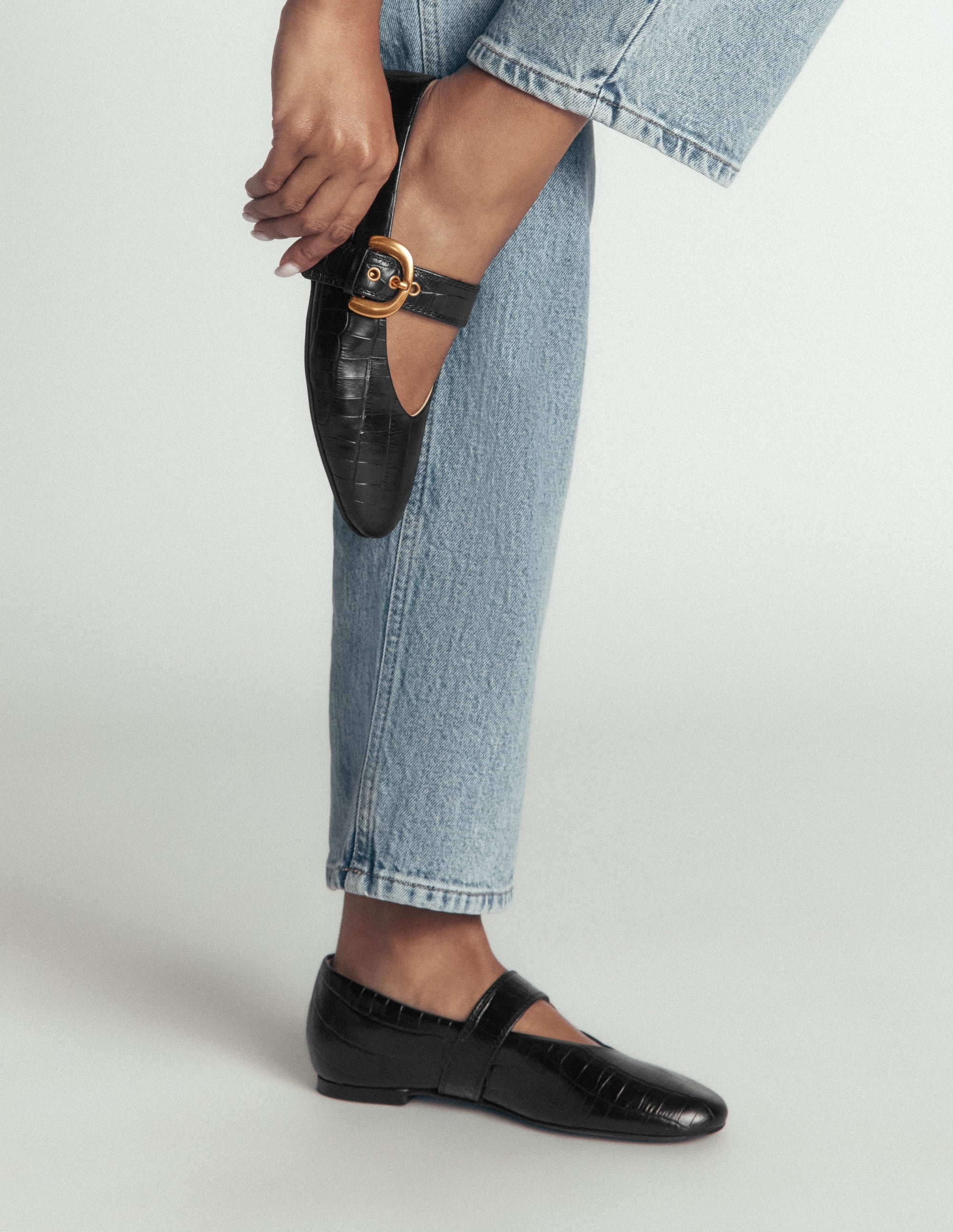 Kylie Flat Buckle Mary Janes - Black Croc Embossed | Boden USA