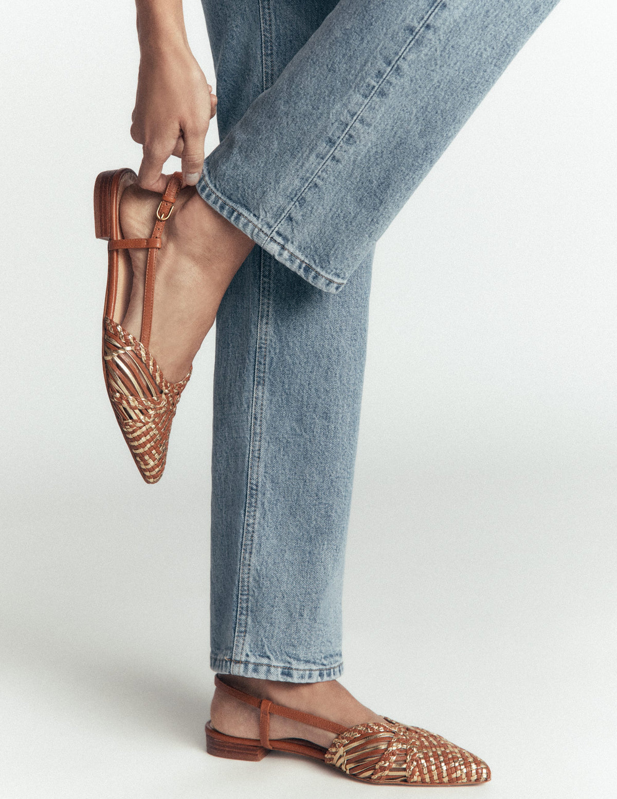 Woven Detail Pointed Flats-Tan/ Gold-2