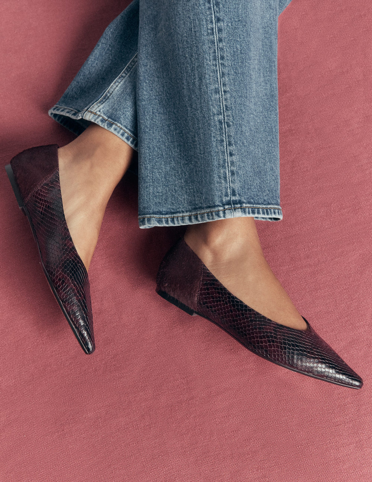 Nigella Pointed Toe Flats-Oxblood Snake Print - Image 2