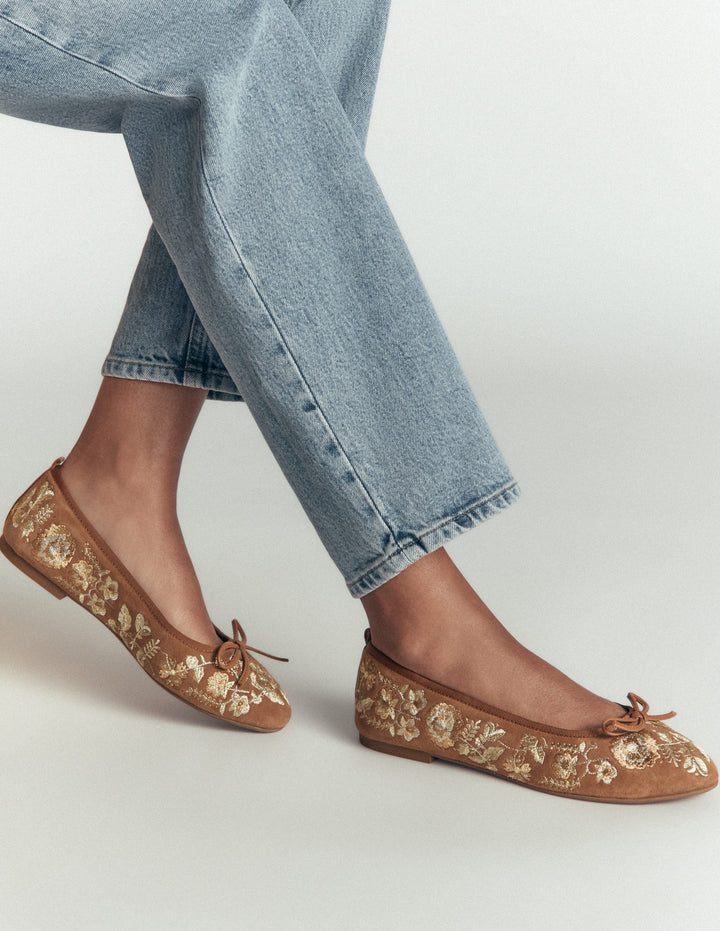 Patti Round Toe Ballet Flats-Gold Embroidered