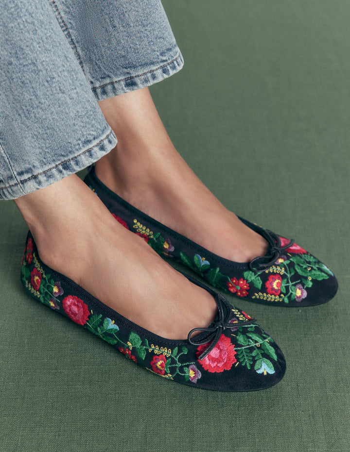 Patti Round Toe Ballet Flats-Navy Embroidered