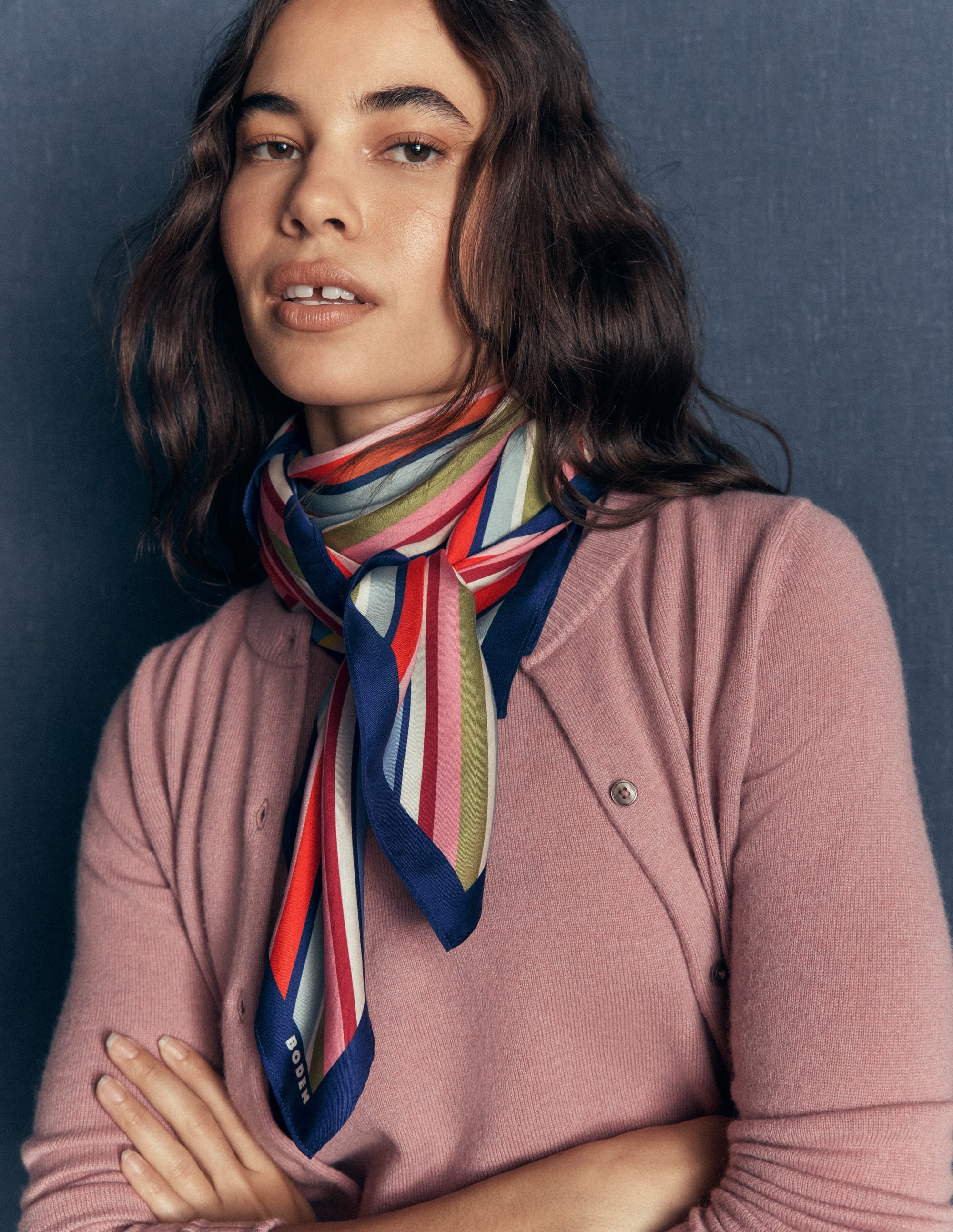 Elisabeth Large Silk Scarf-Multi, Diagonal Rainbow Stripe - Image 2