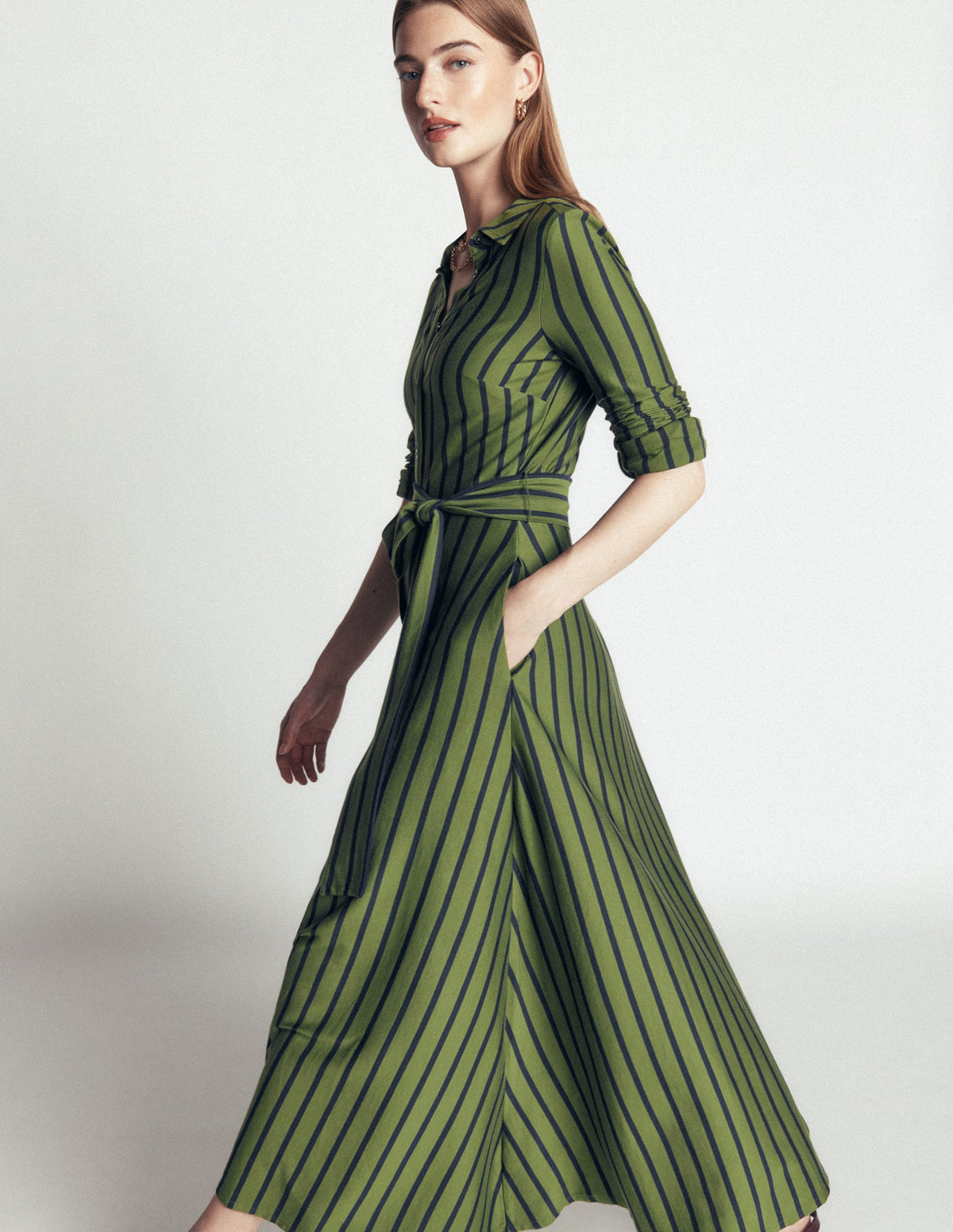 Marcia Jersey Shirt Dress-Chive and Navy Stripe-5