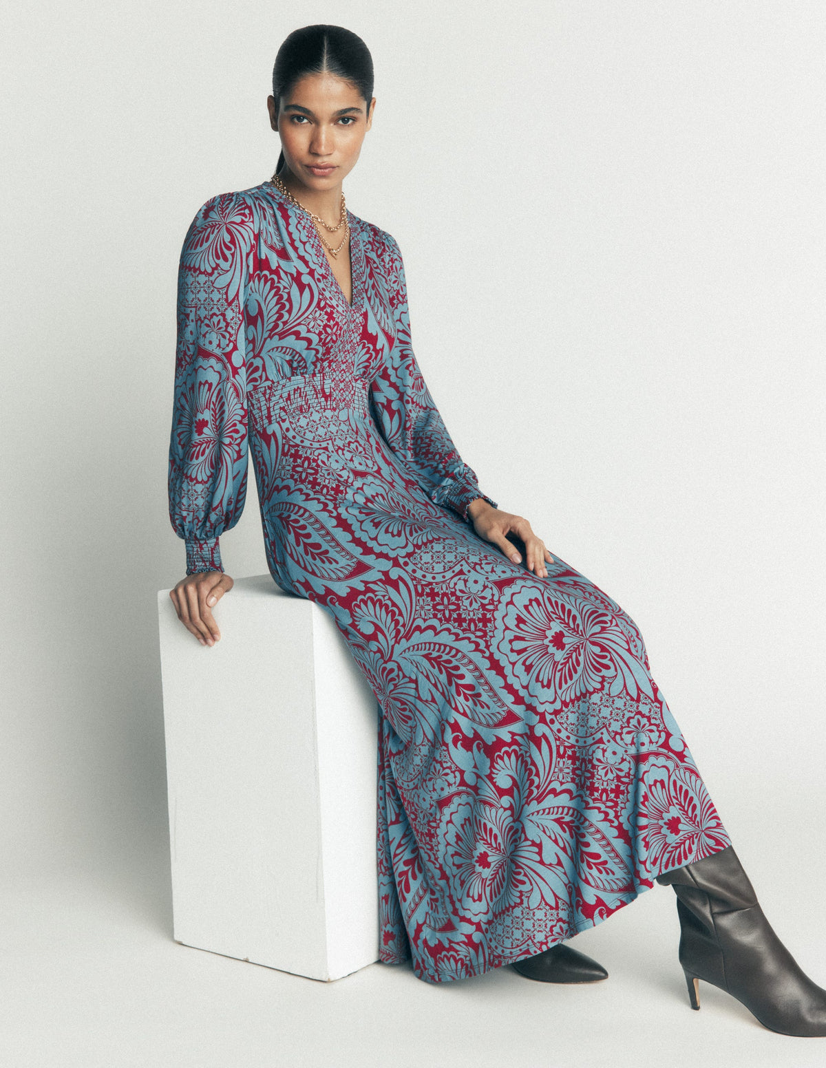 Georgia Jersey Midi Dress-Delphinum Blue, Botanical - Image 1