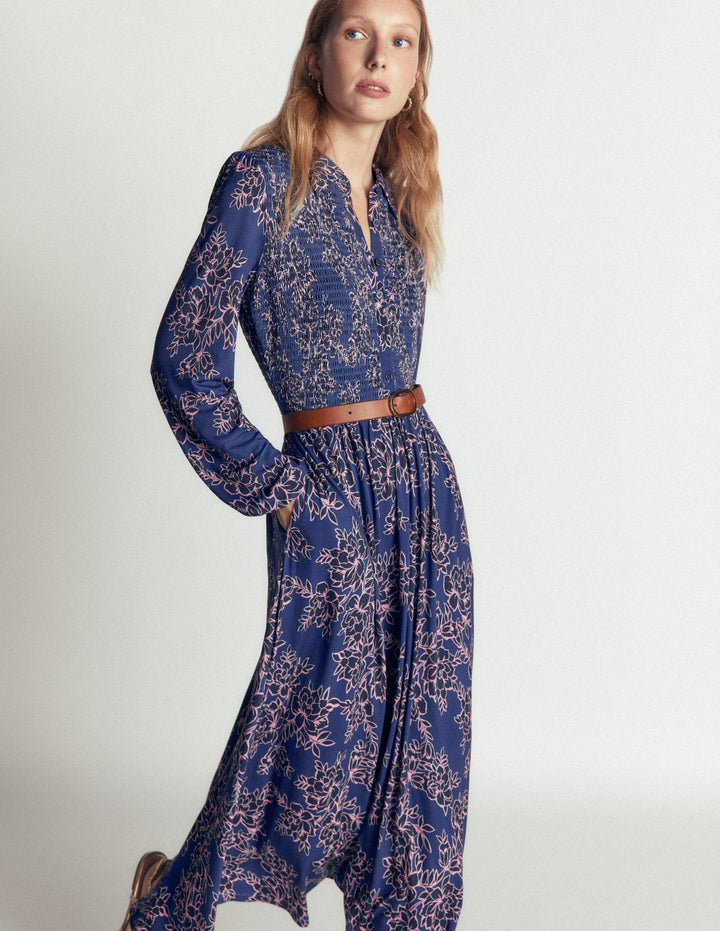 Smocked Jersey Dress-Denim Blue, Enchanted Peony
