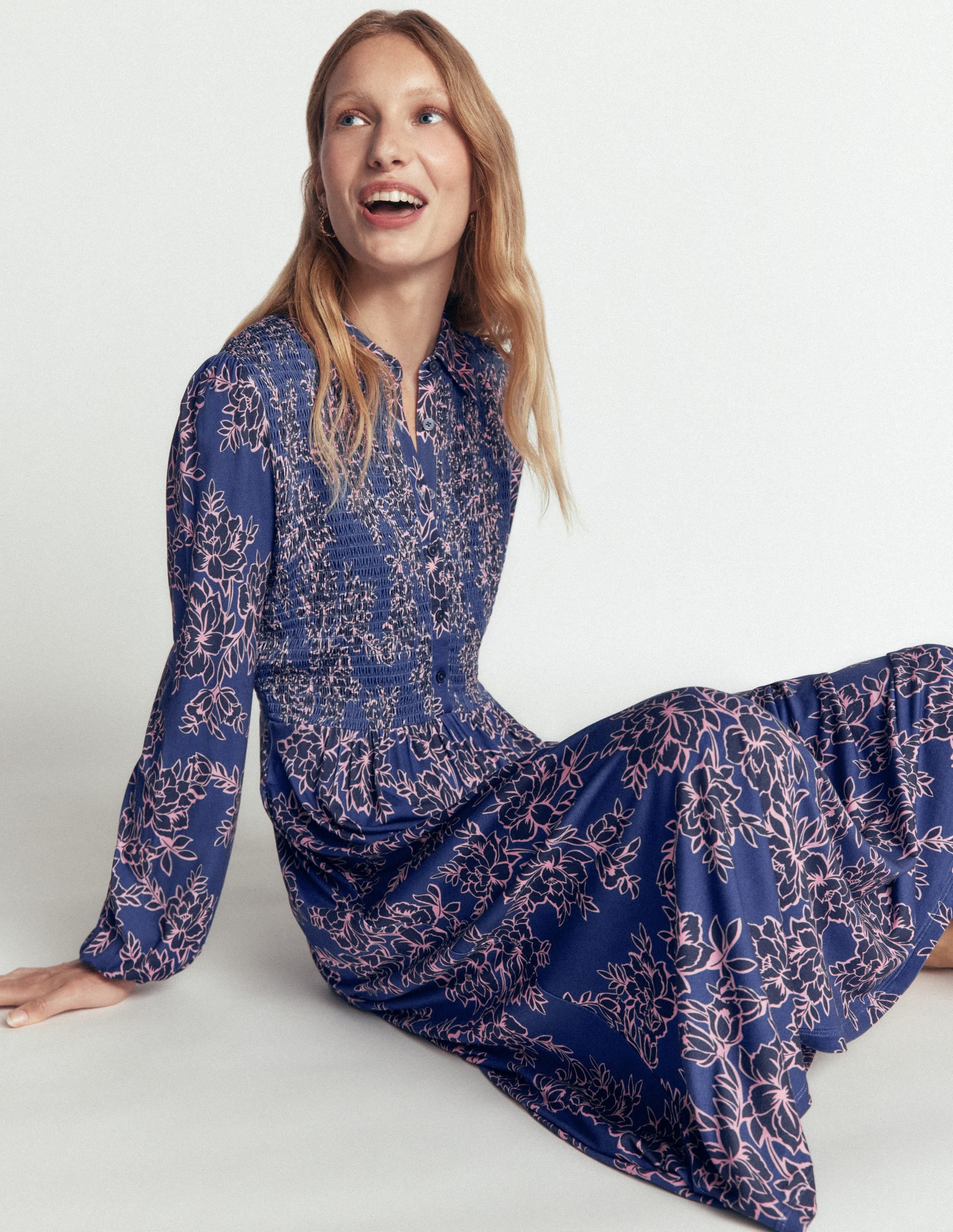 Smocked Jersey Dress-Denim Blue, Enchanted Peony - Image 4
