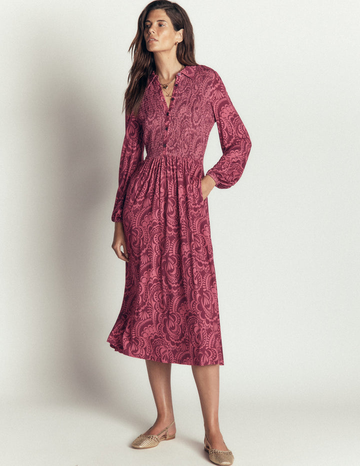 Camilla Smocked Jersey Dress-Maroon, Flourishing Medley