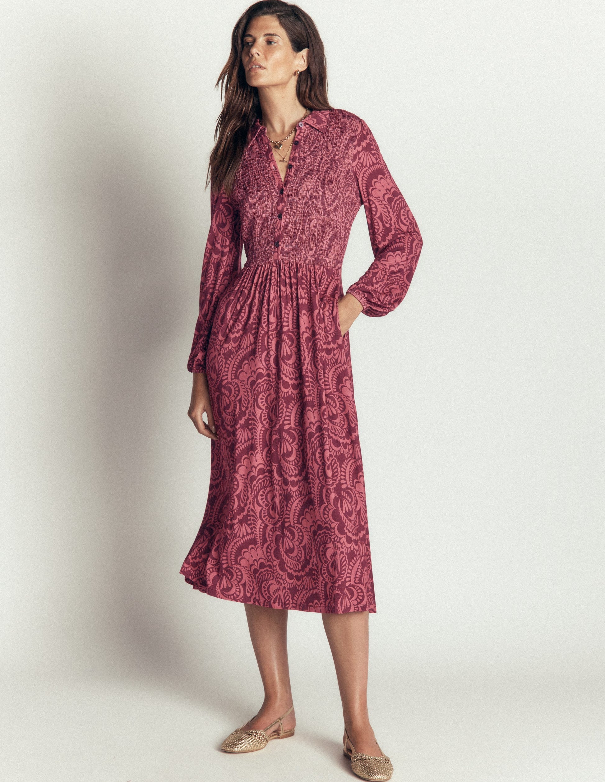 Smocked Jersey Dress-Maroon, Flourishing Medley-1