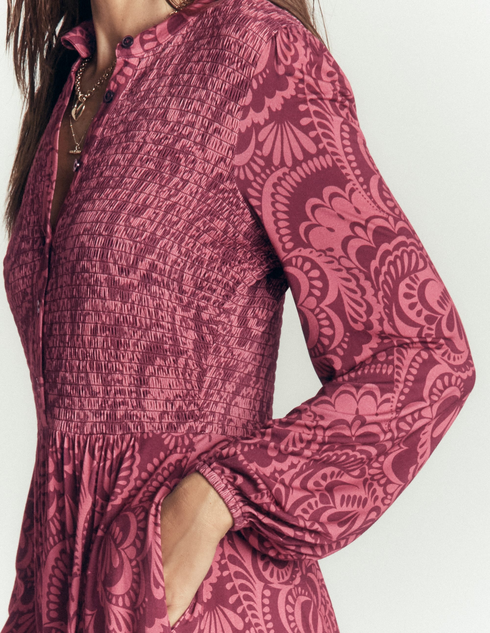 Smocked Jersey Dress-Maroon, Flourishing Medley - Image 2