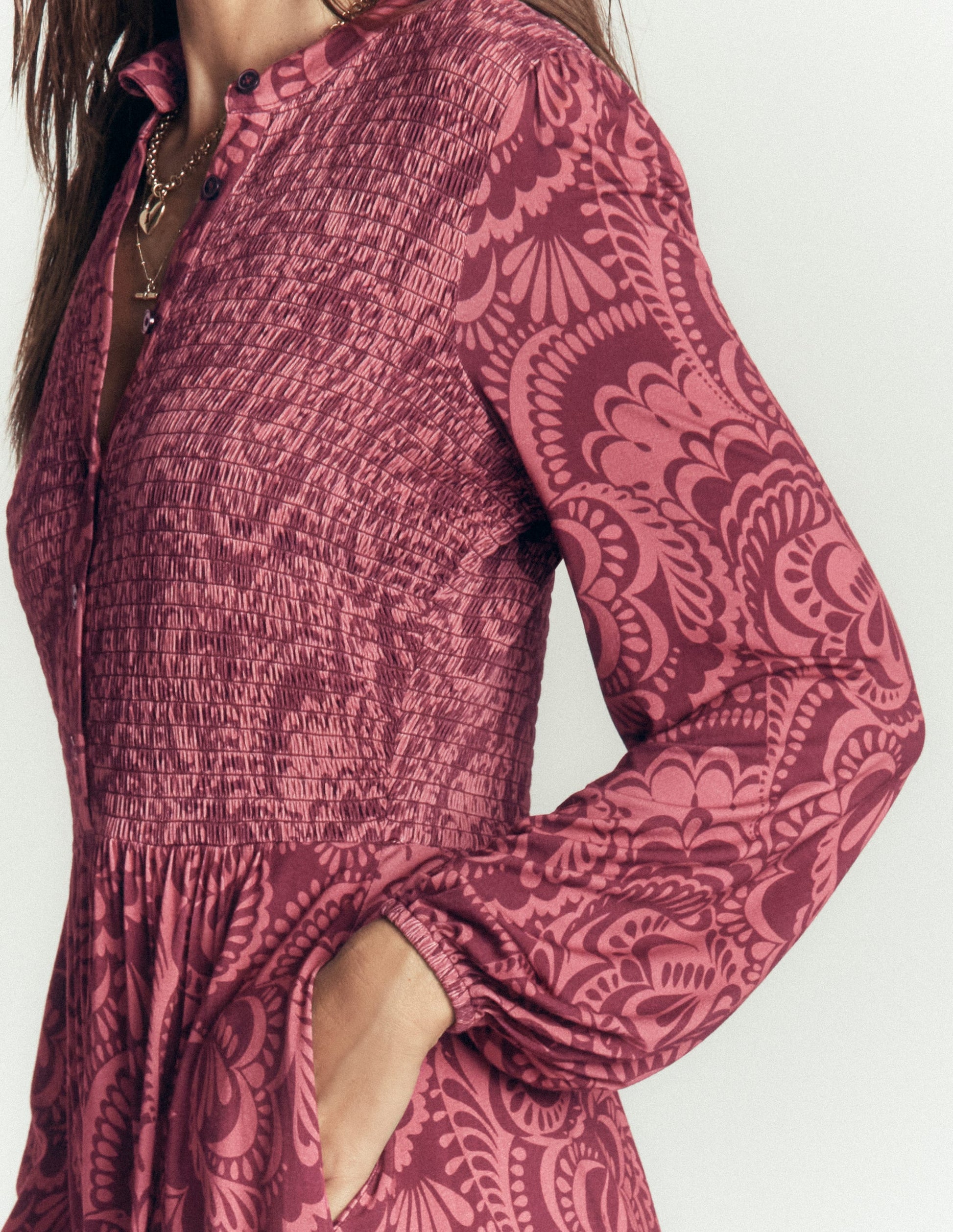 Smocked Jersey Dress-Maroon, Flourishing Medley-2