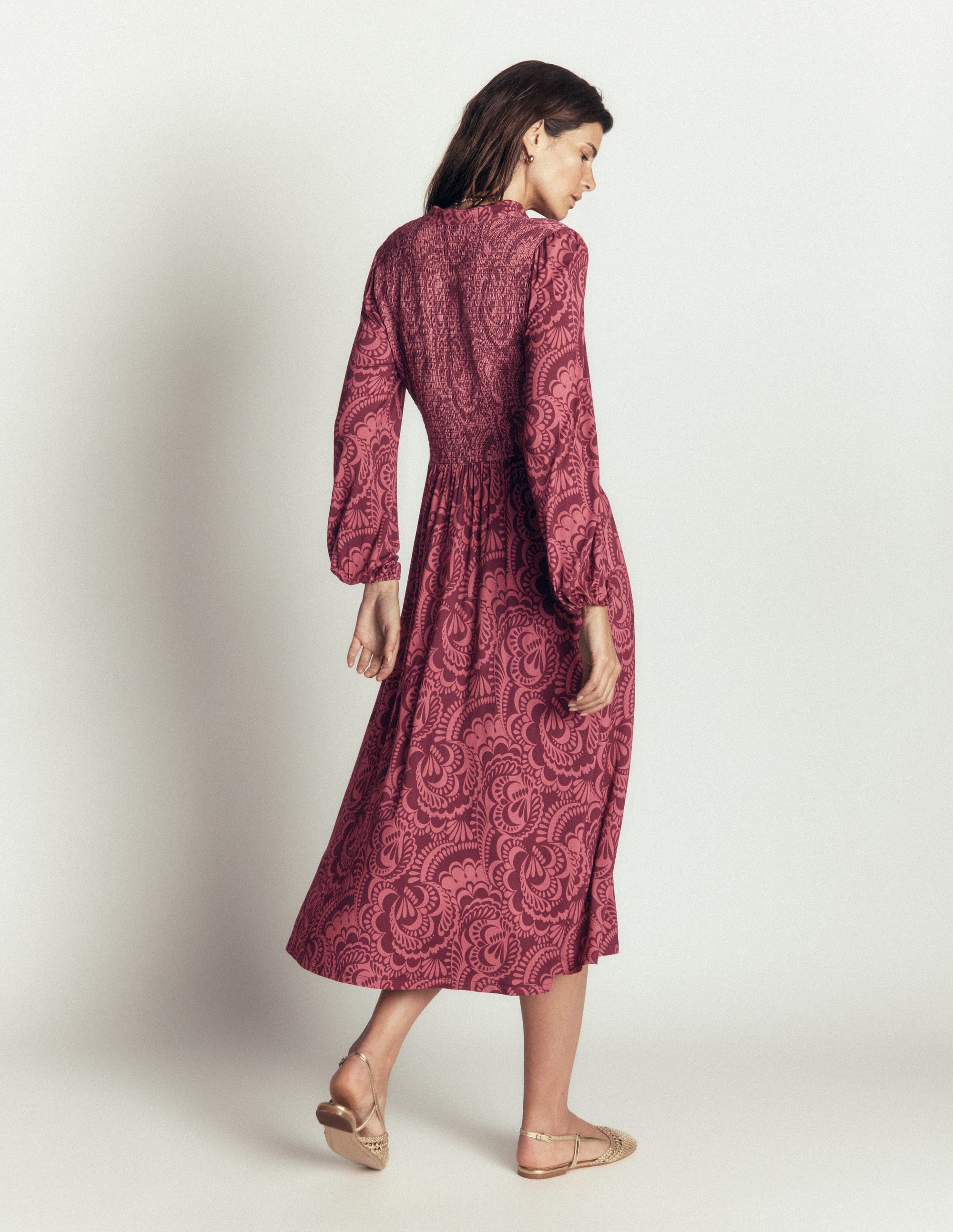 Smocked Jersey Dress-Maroon, Flourishing Medley - Image 3