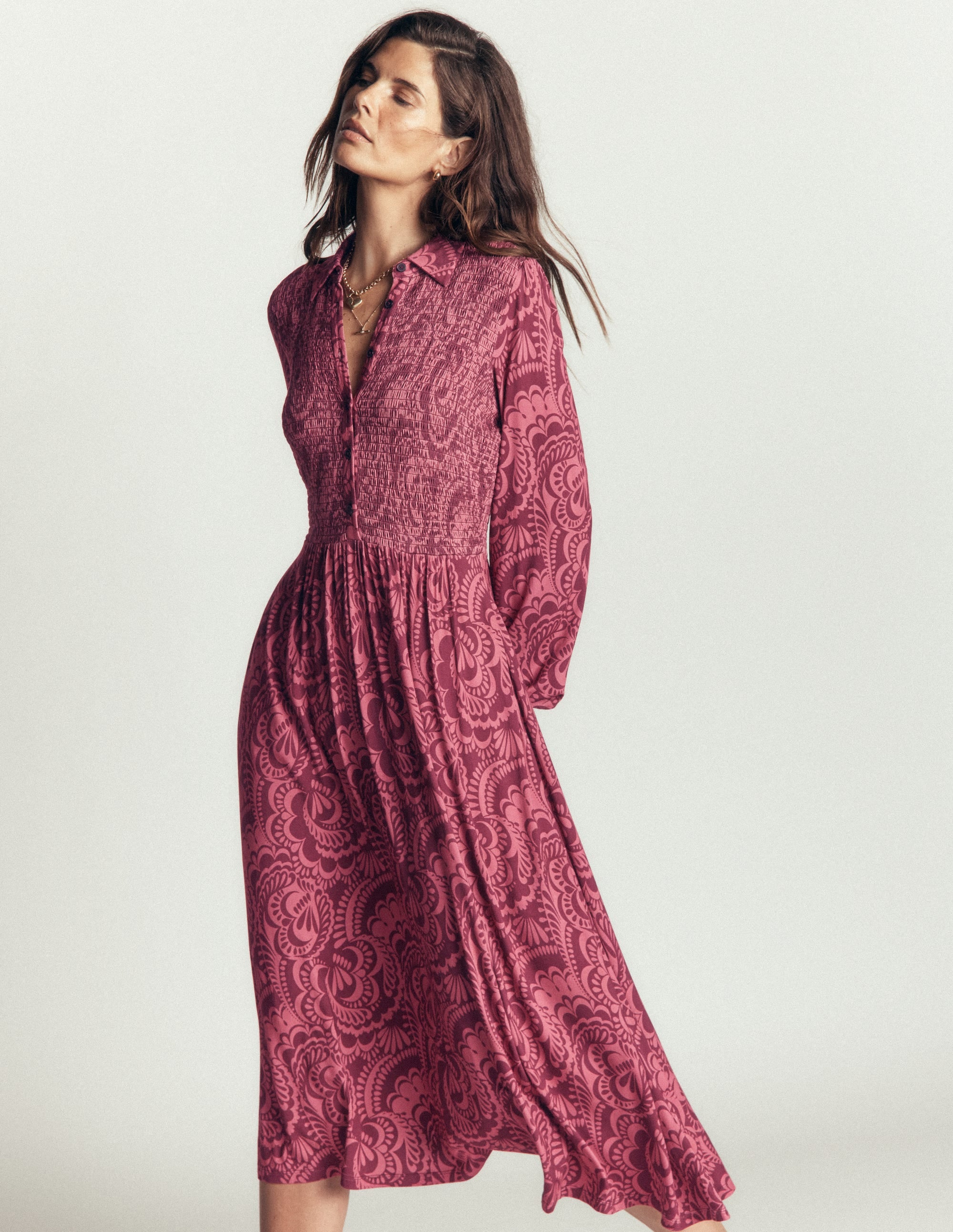 Smocked Jersey Dress-Maroon, Flourishing Medley - Image 4