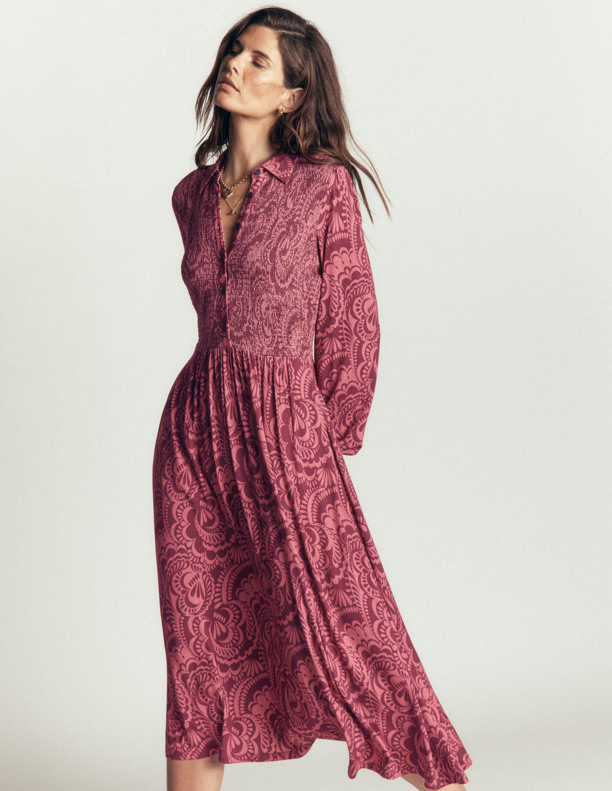 Smocked Jersey Dress-Maroon, Flourishing Medley - Image 4