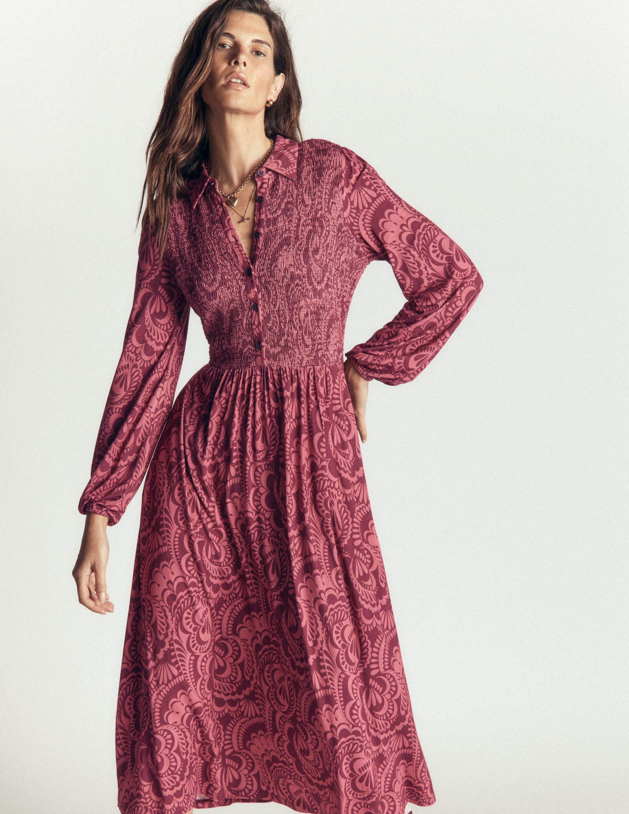 Smocked Jersey Dress-Maroon, Flourishing Medley - Image 5