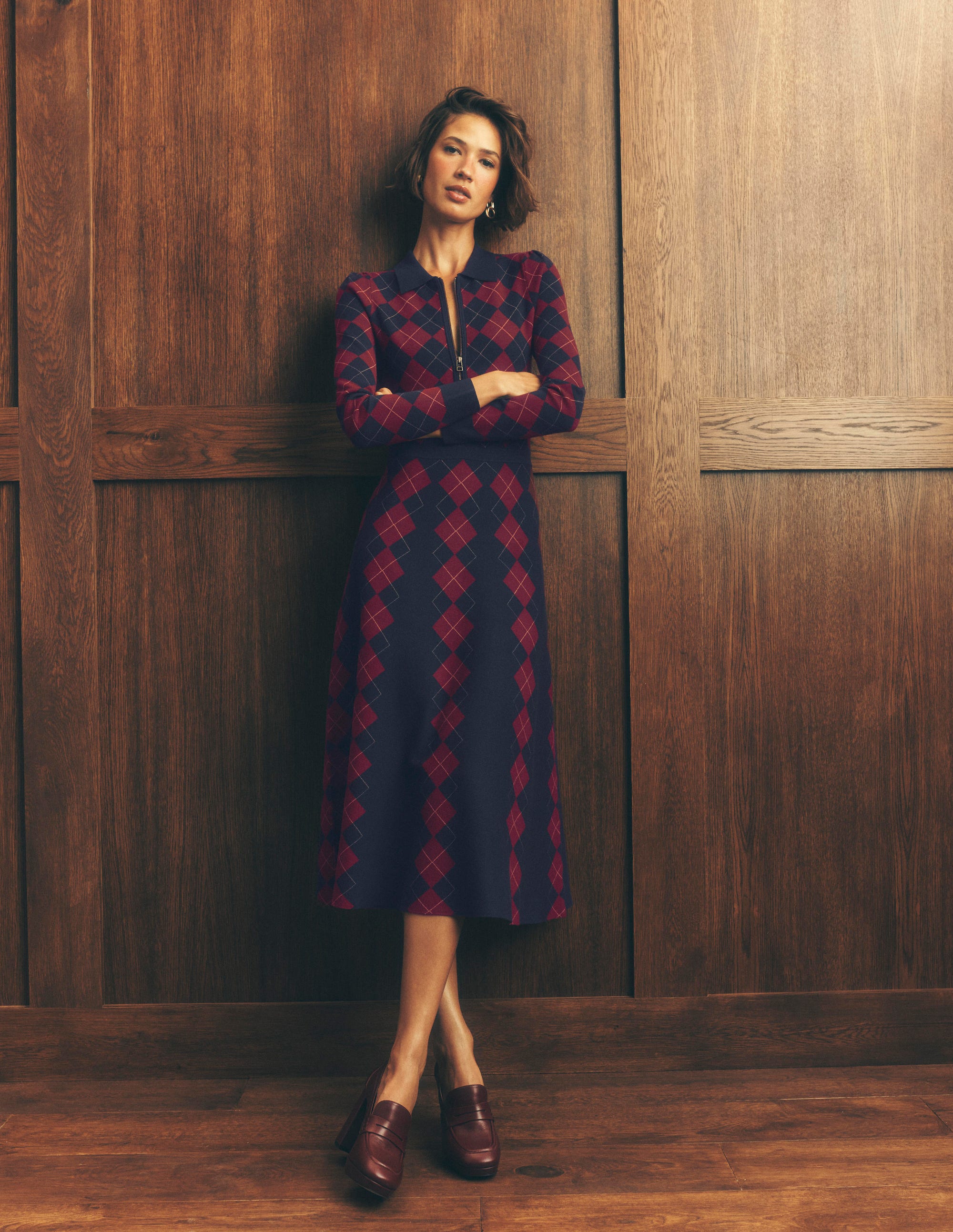 Fiona Zip Front Knitted Dress-Navy and Maroon Argyle - Image 1