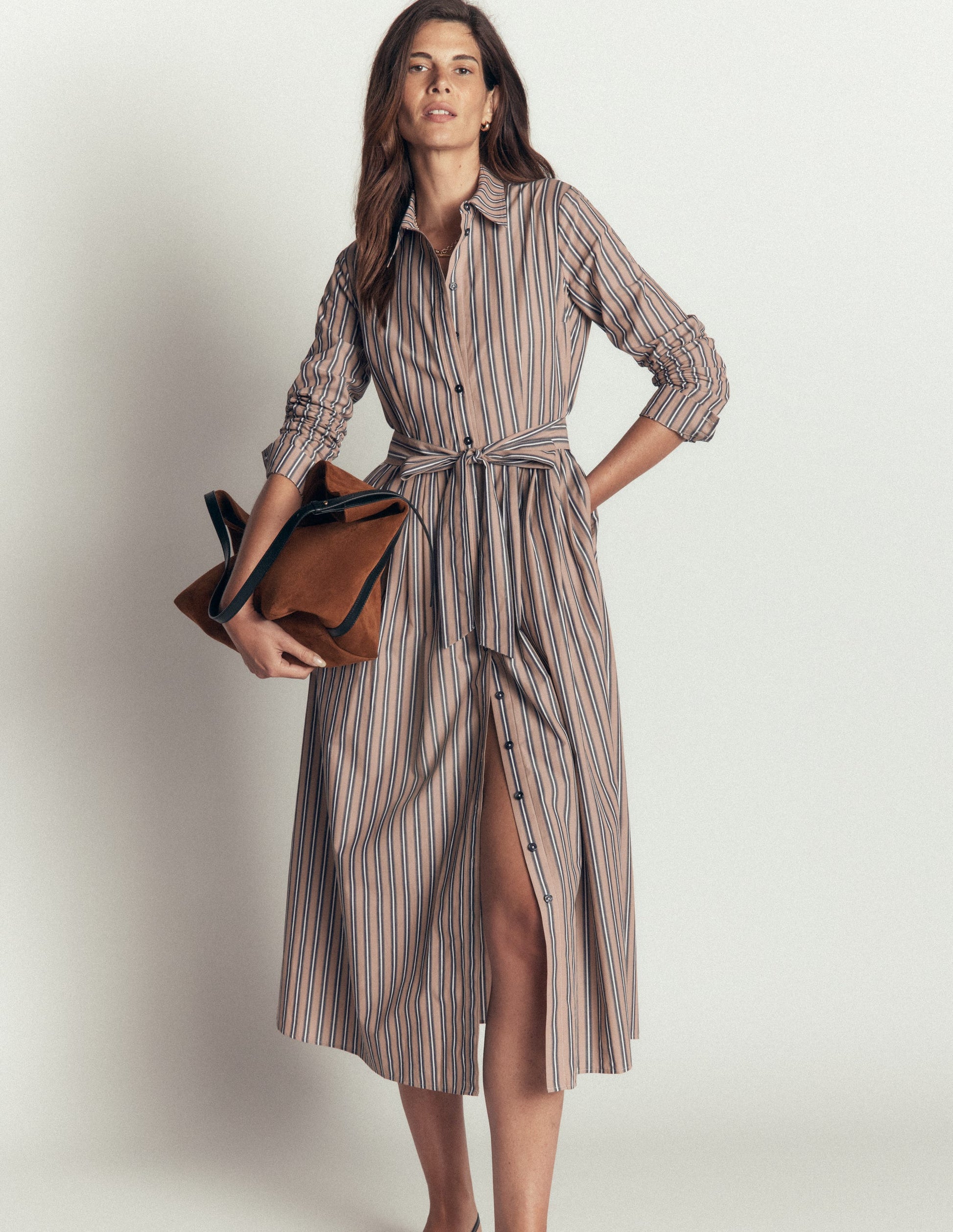 Alexa Cotton Midi Shirt Dress-Camel, Navy Tram Stripe-1
