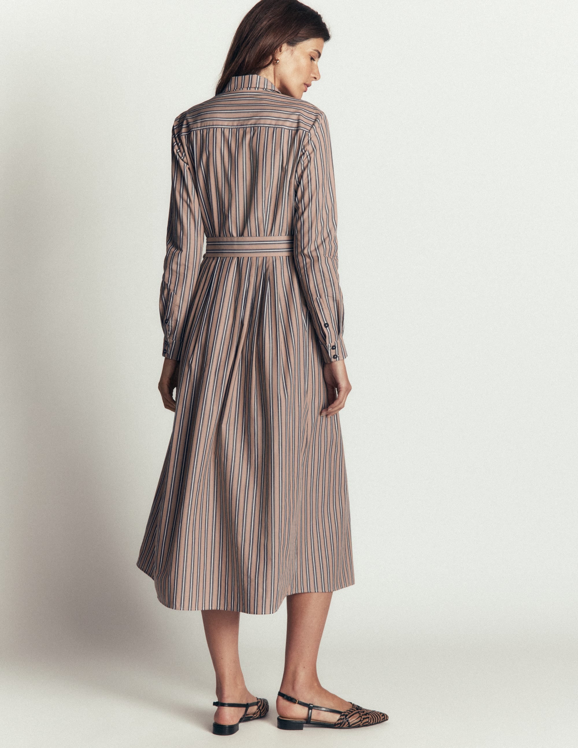 Alexa Cotton Midi Shirt Dress-Camel, Navy Tram Stripe - Image 3