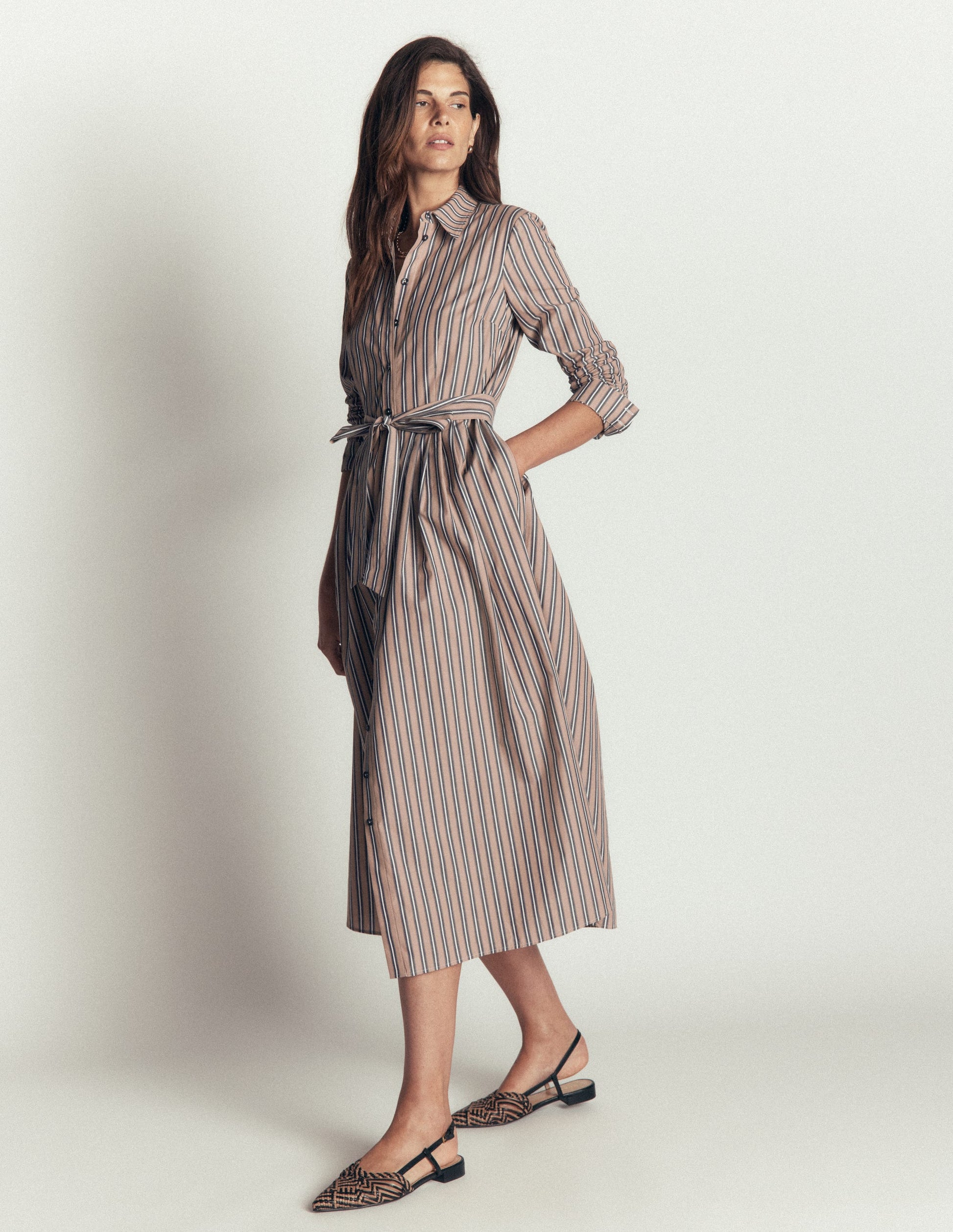 Alexa Cotton Midi Shirt Dress-Camel, Navy Tram Stripe-4