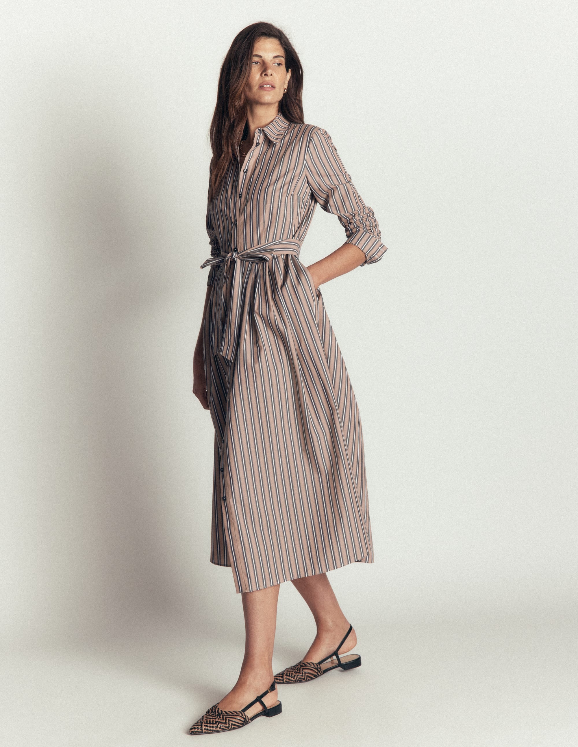 Alexa Cotton Midi Shirt Dress-Camel, Navy Tram Stripe - Image 4