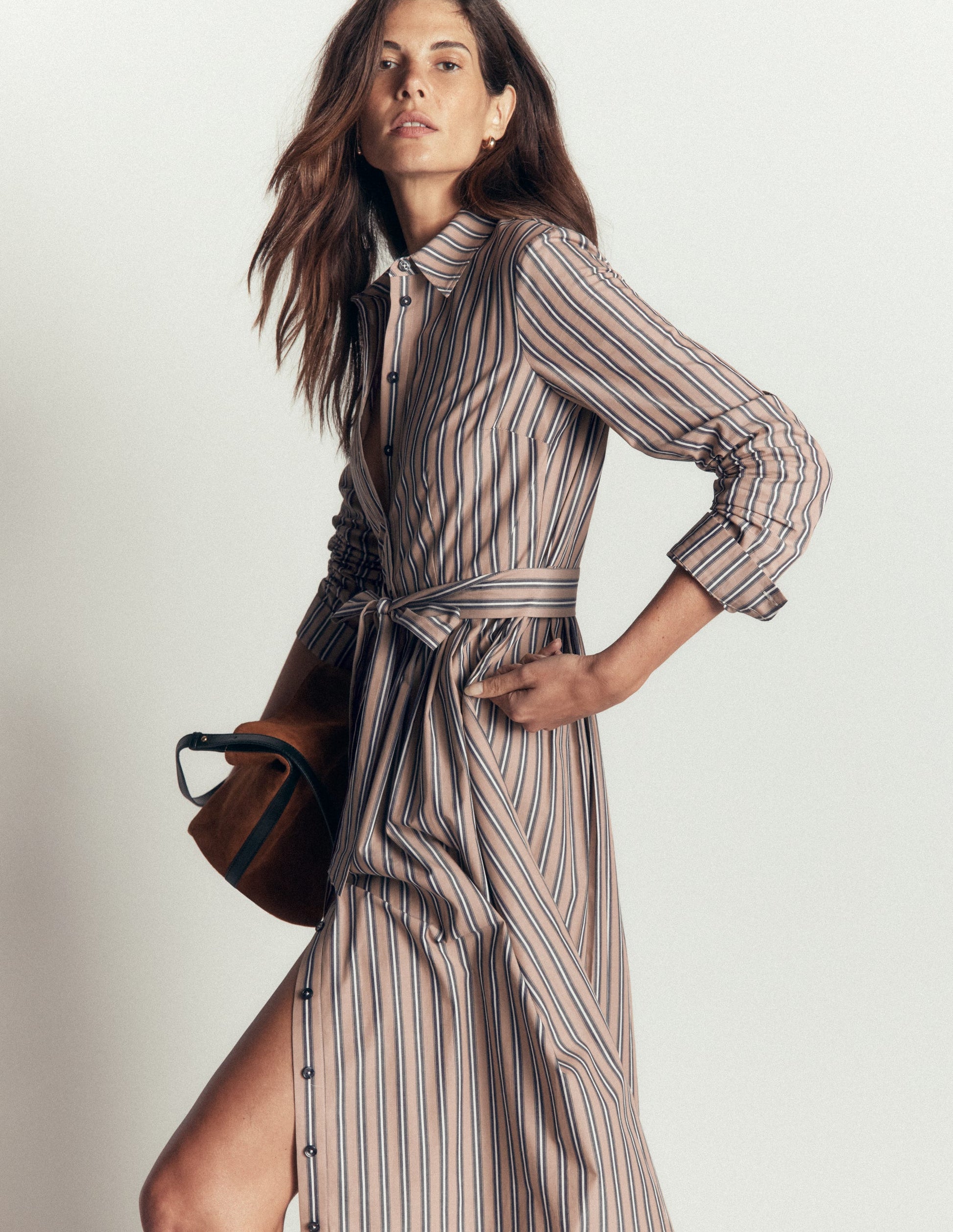 Alexa Cotton Midi Shirt Dress-Camel, Navy Tram Stripe-5