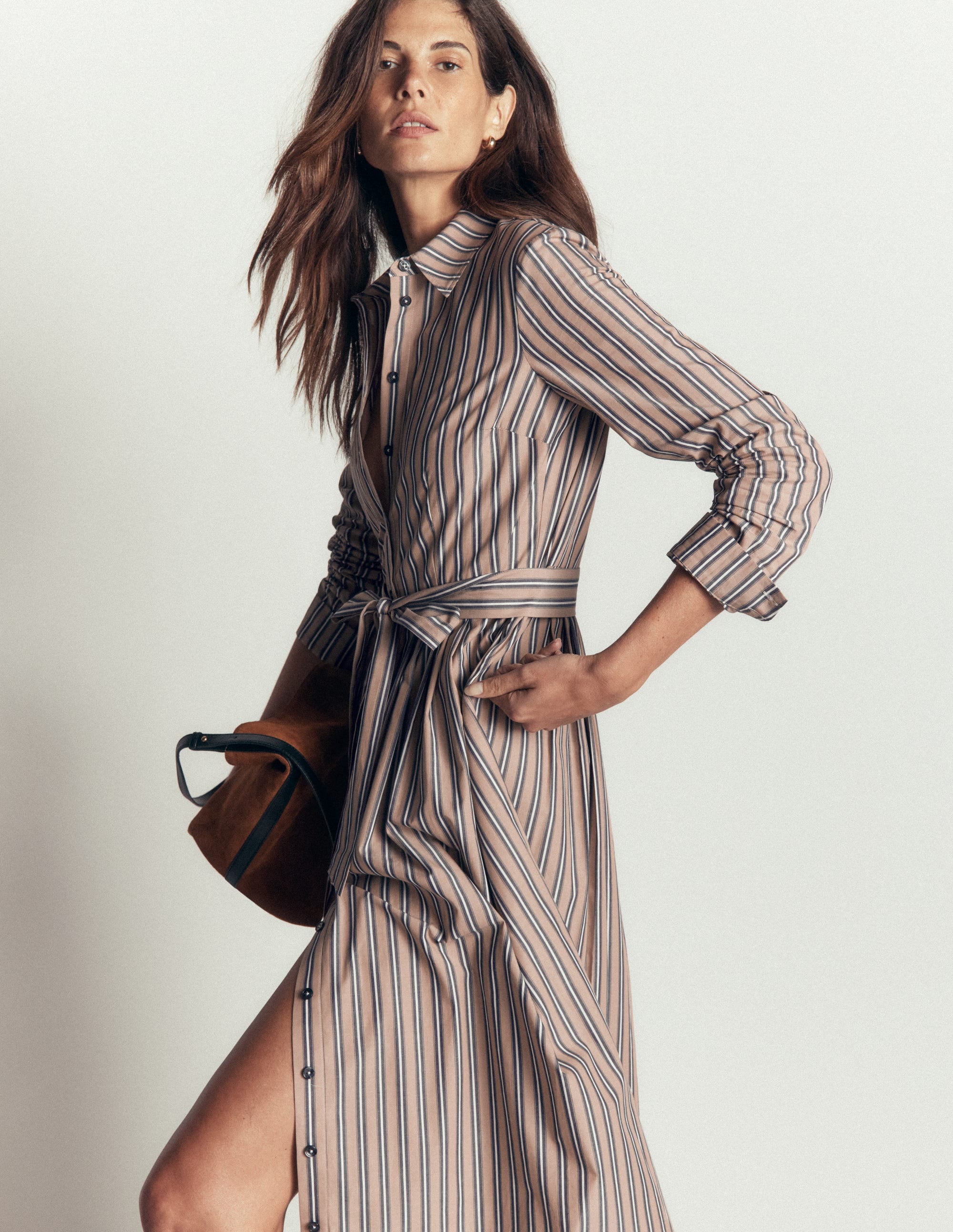 Alexa Cotton Midi Shirt Dress-Camel, Navy Tram Stripe - Image 5