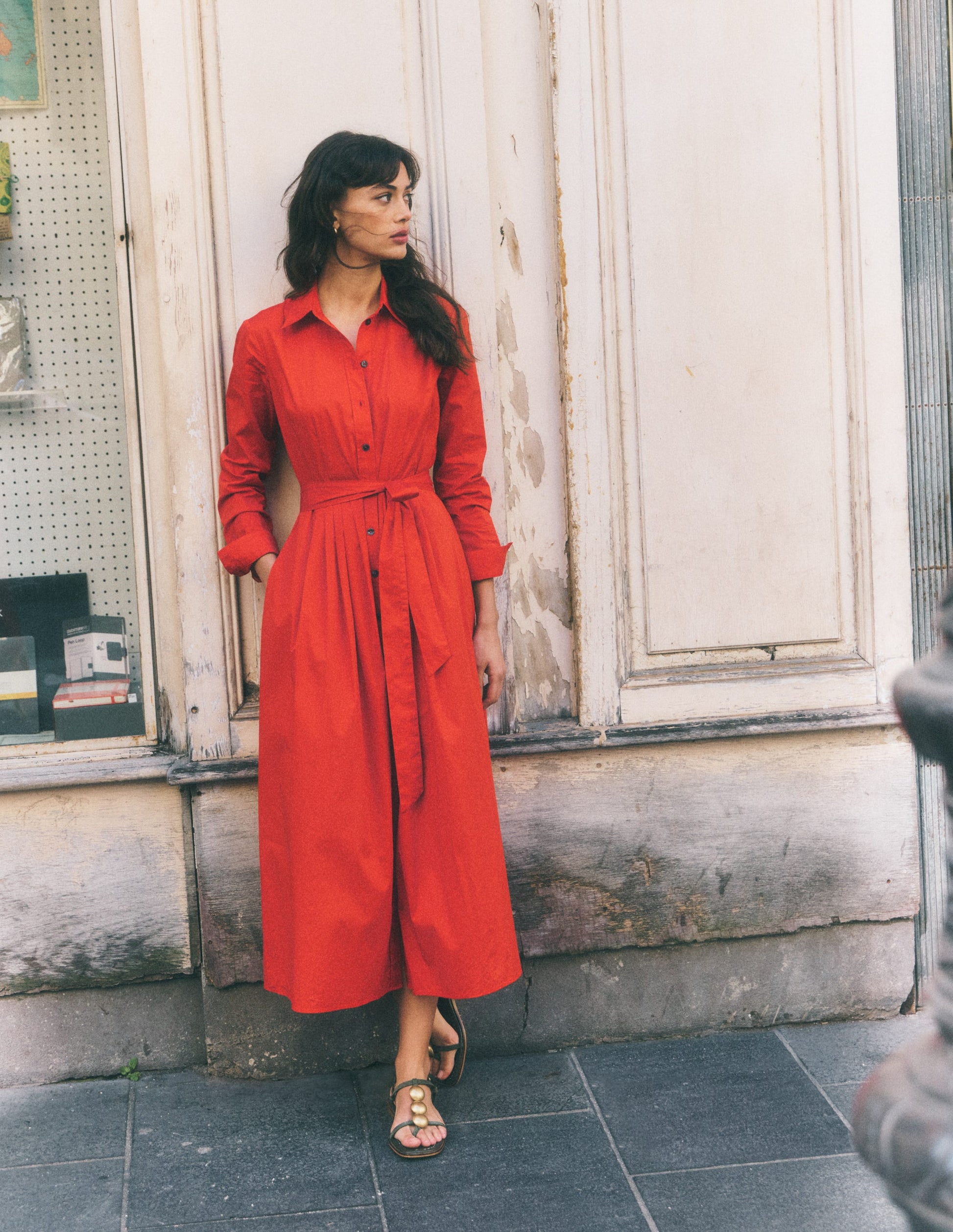 long sleeve cotton midi dress for women Royal Purple Cotton Poplin A-Line Detachable Sleeve Flared Midi Dress 60" / Tall (5'7" and above)