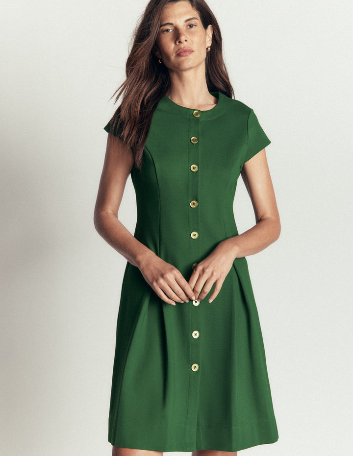 Short Pleated Button Dress-Hunter Green