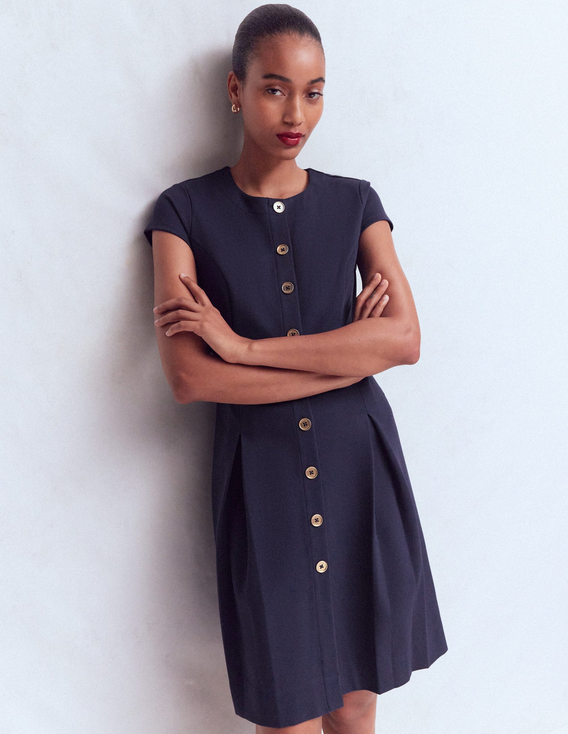 Short Pleated Ponte Dress-Navy-5