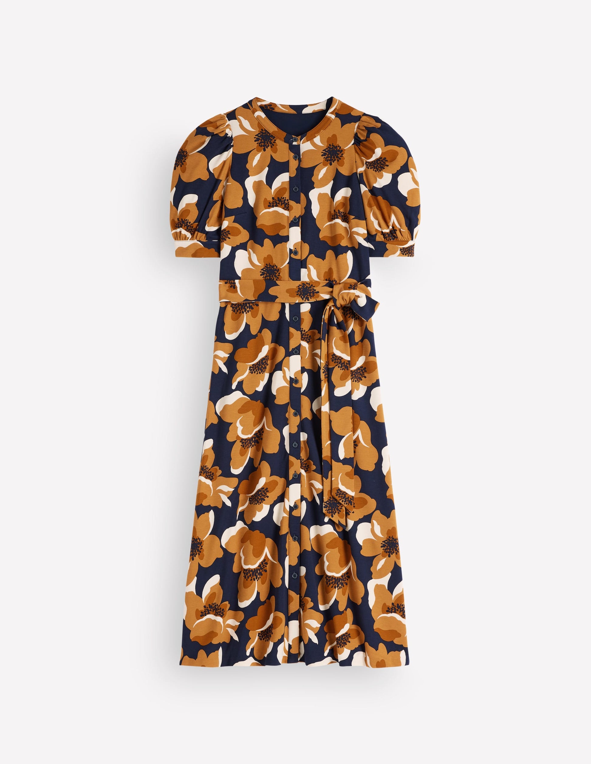 Puff Sleeve Ponte Shirt Dress-French Navy, Flowering Garden-7