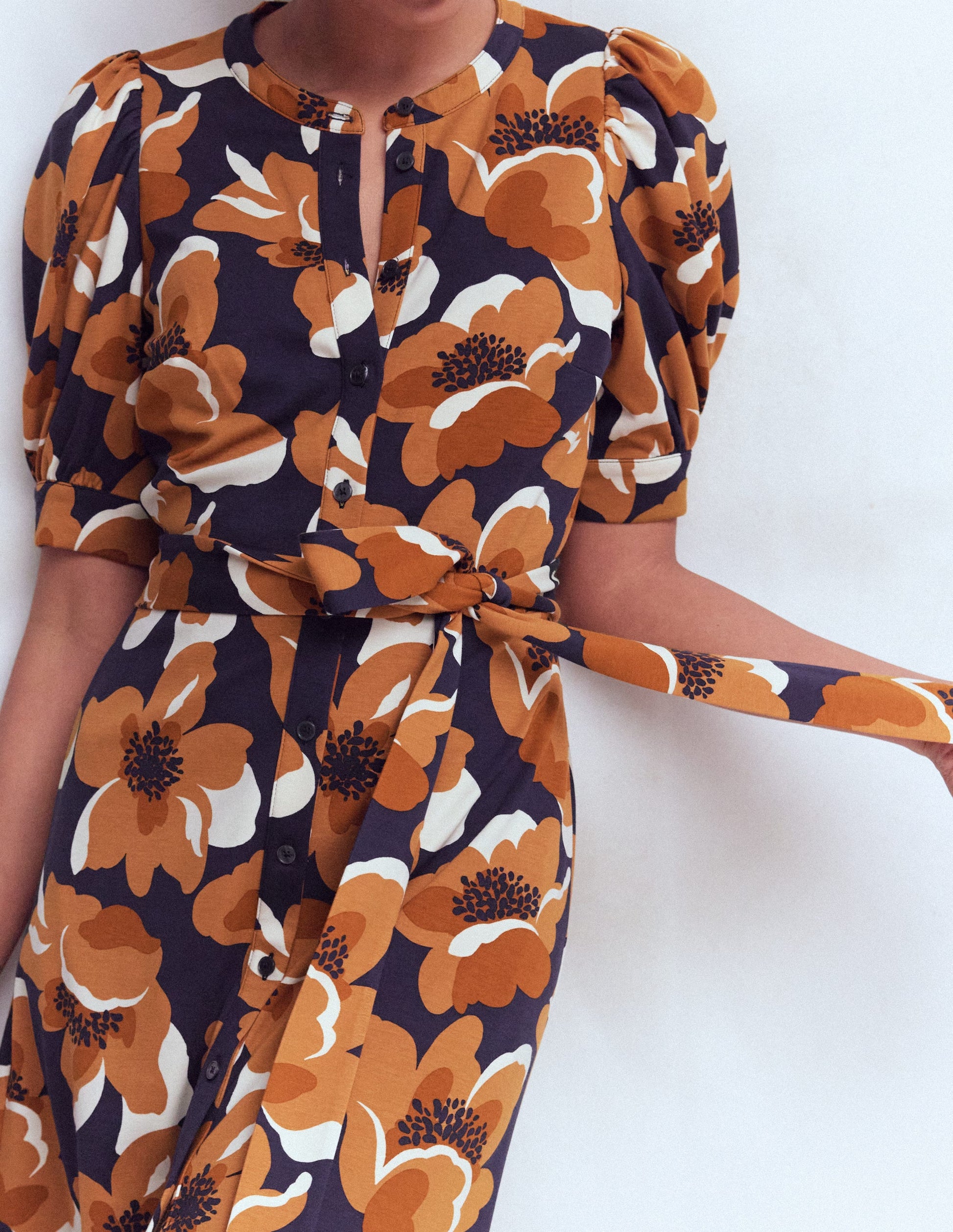 Puff Sleeve Ponte Shirt Dress-French Navy, Flowering Garden-3
