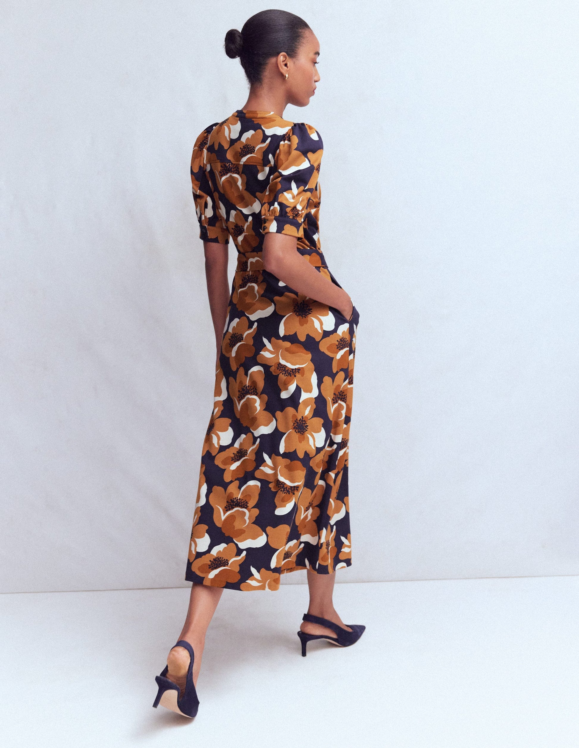 Puff Sleeve Ponte Shirt Dress-French Navy, Flowering Garden-4