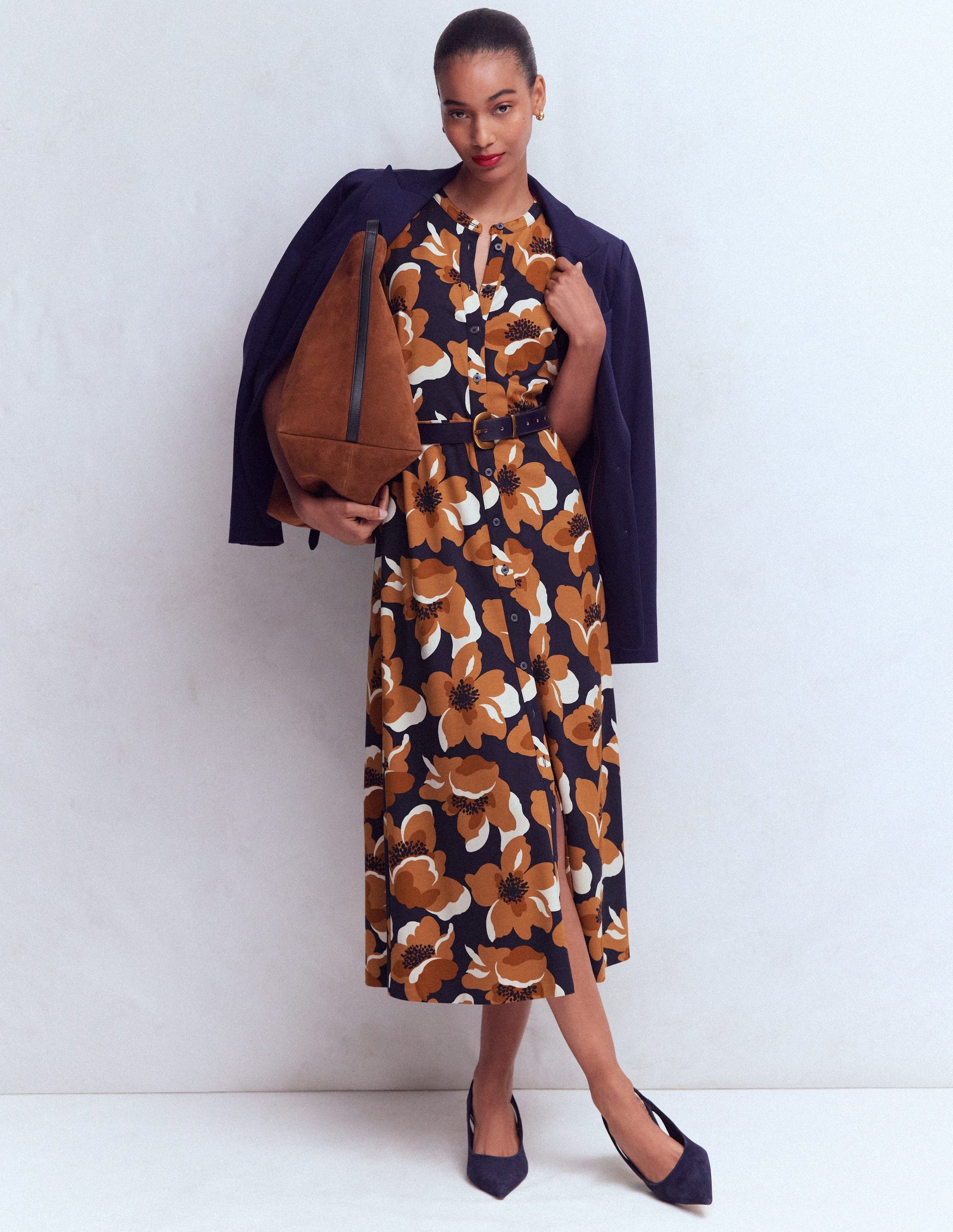 Puff Sleeve Ponte Shirt Dress-French Navy, Flowering Garden-5