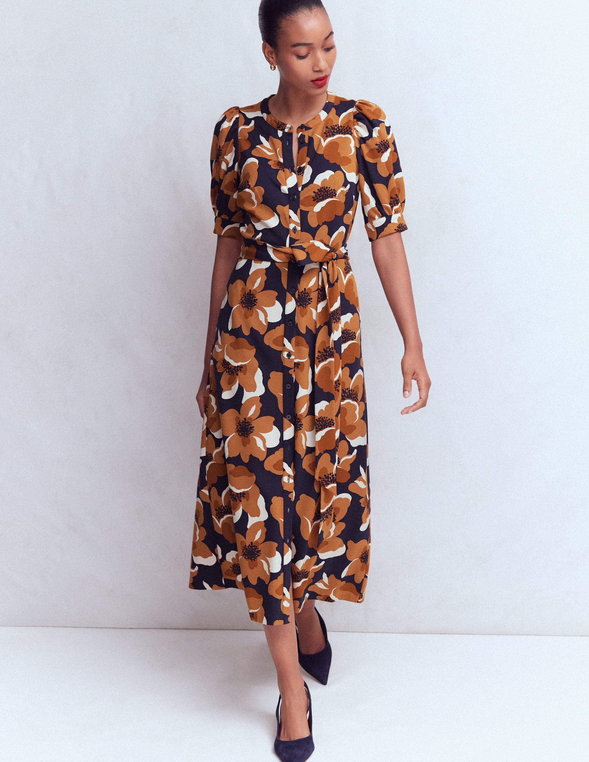 Puff Sleeve Ponte Shirt Dress-French Navy, Flowering Garden - Image 5