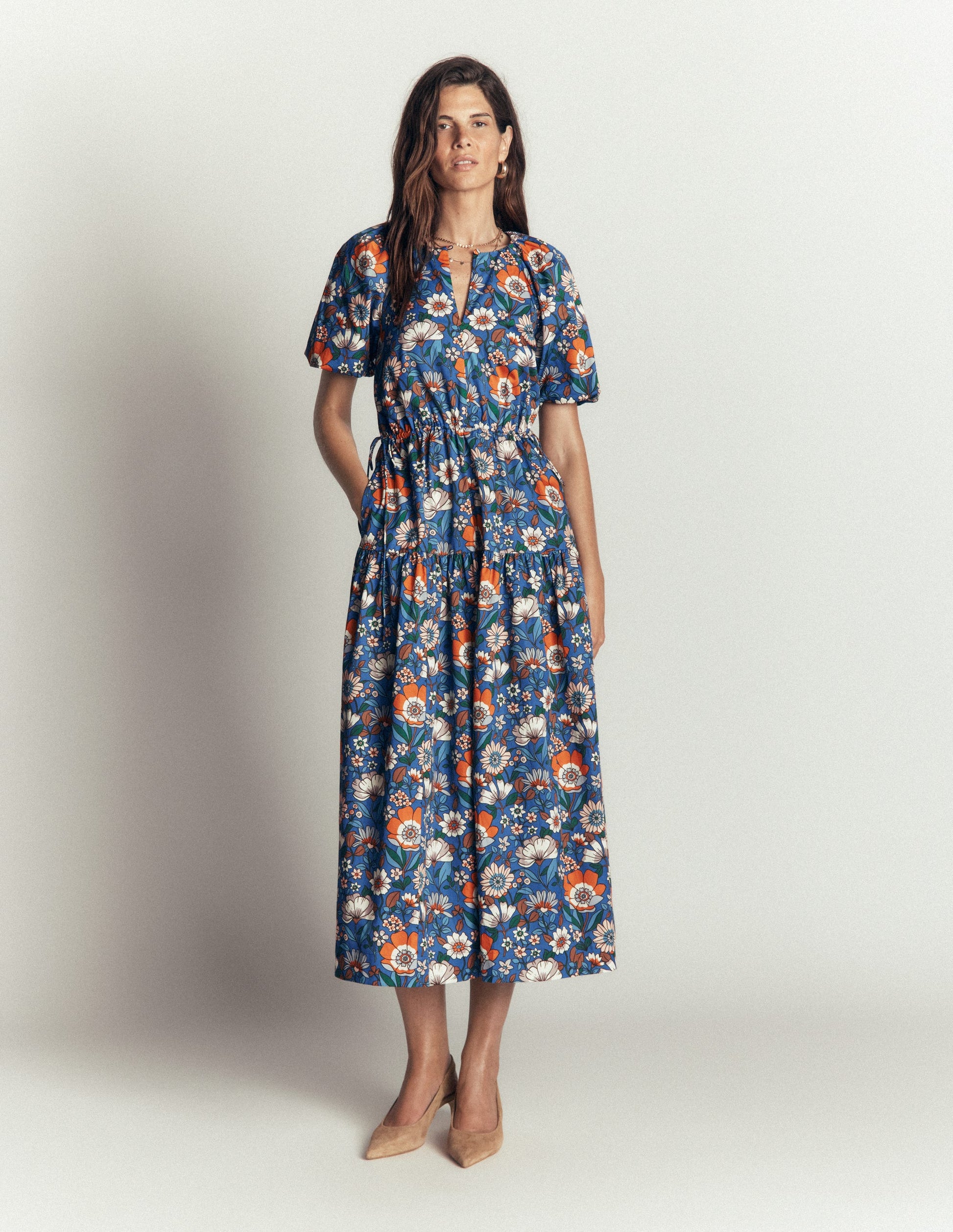 Draw Waist Cotton Dress-Multi, Floral Field-7