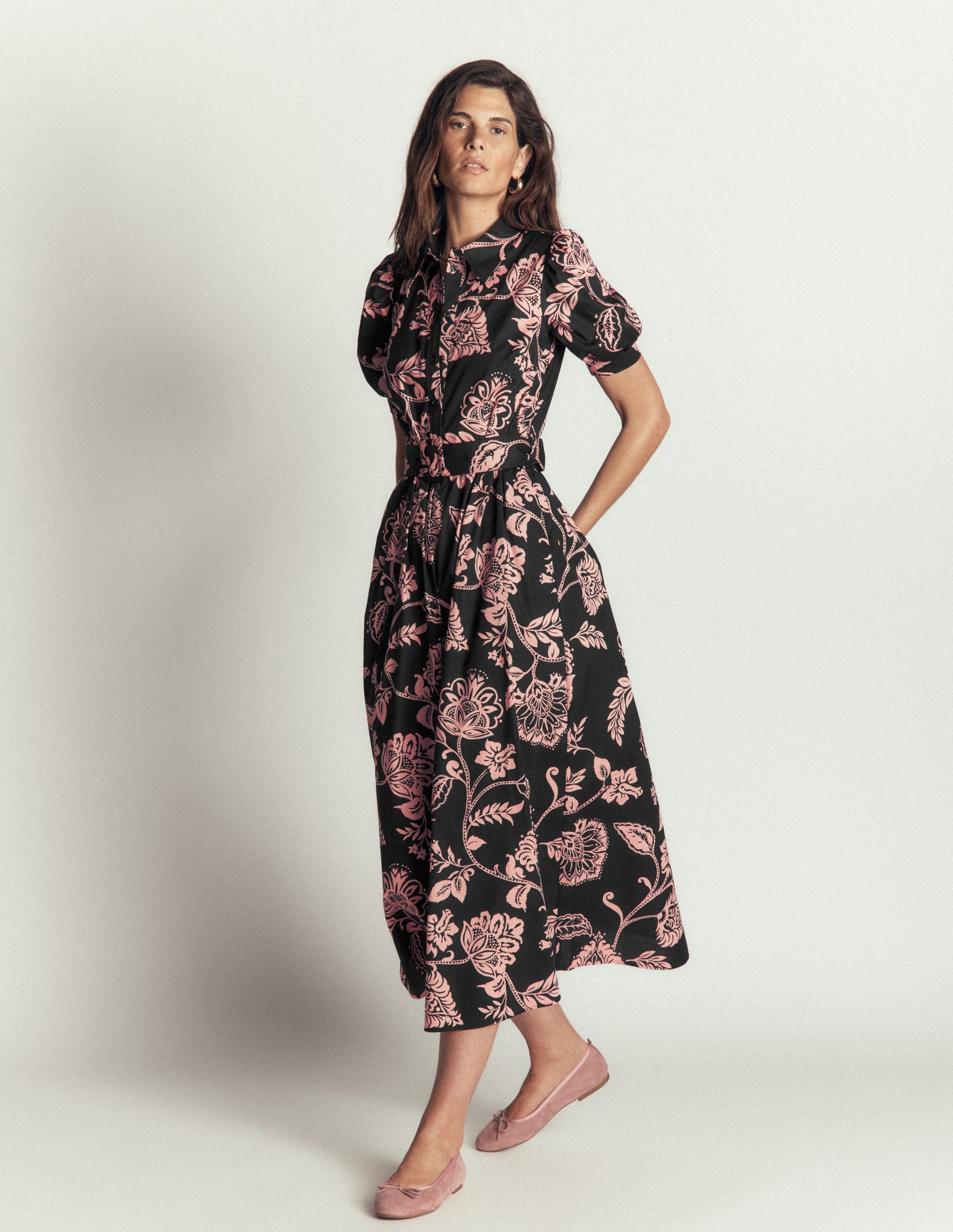 Belted Cotton Midi Dress-Black, Planted Meadows - Image 1