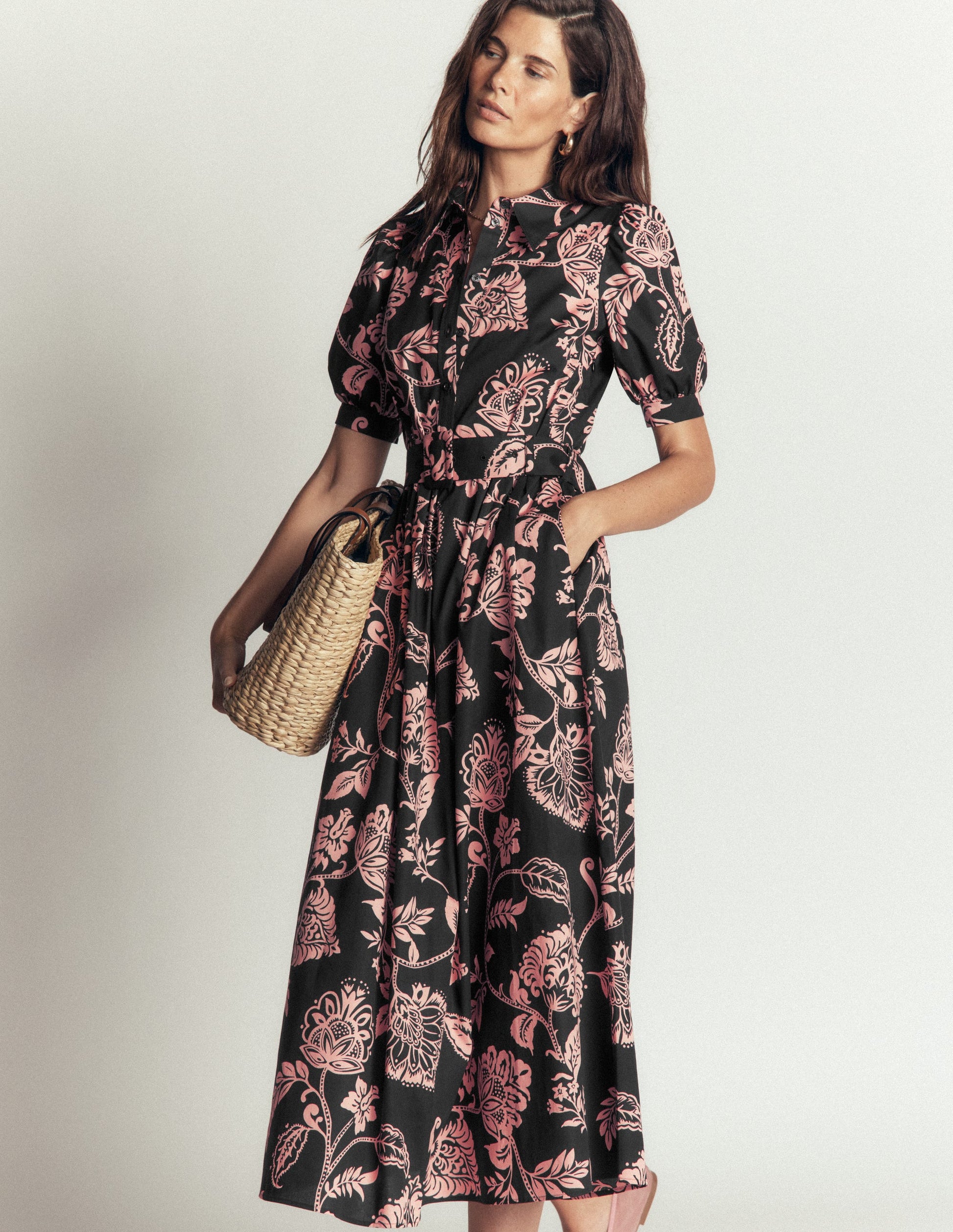Belted Cotton Midi Dress-Black, Planted Meadows-4