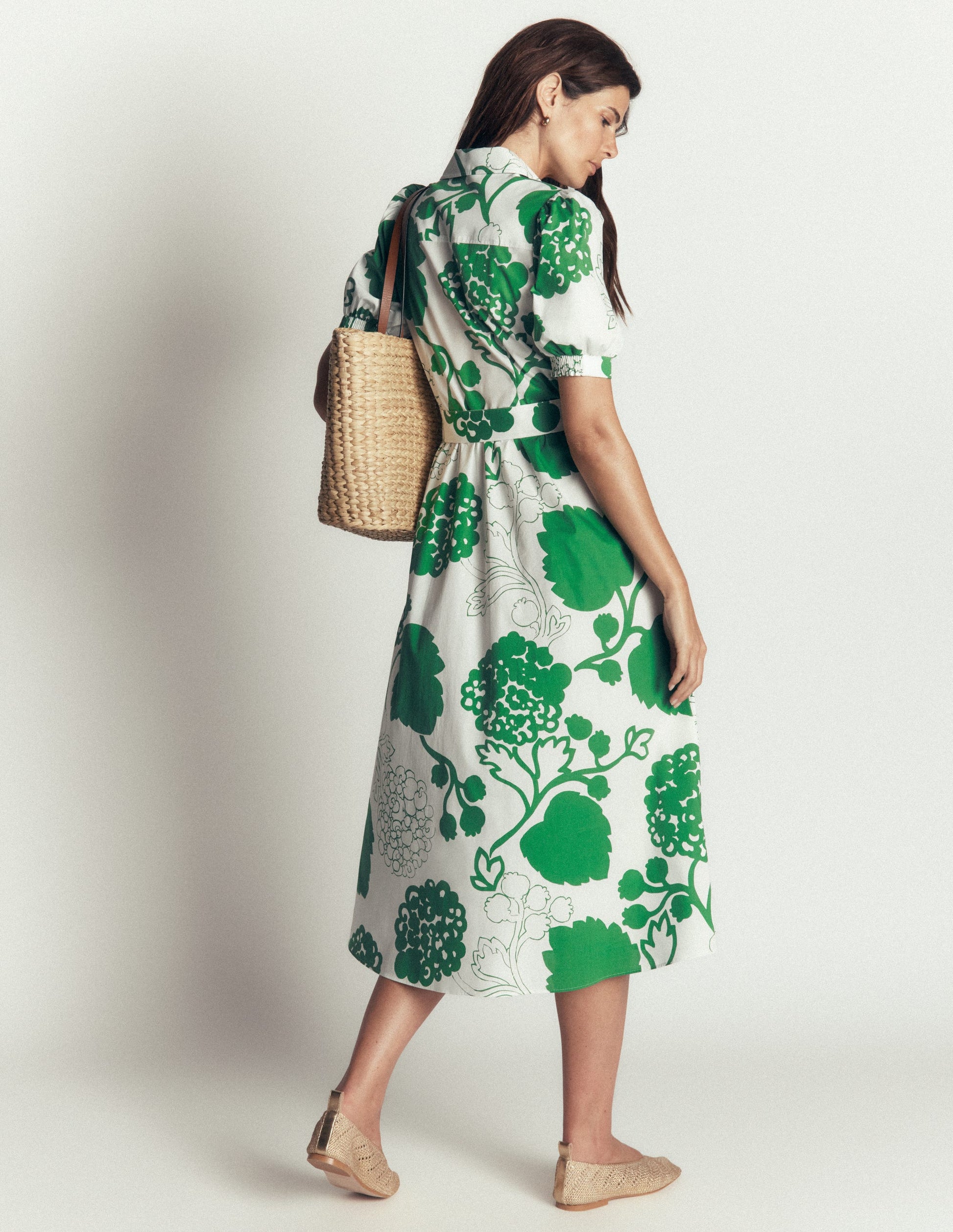 Belted Cotton Midi Dress-Ivory, Hydrangea Frenzy-3