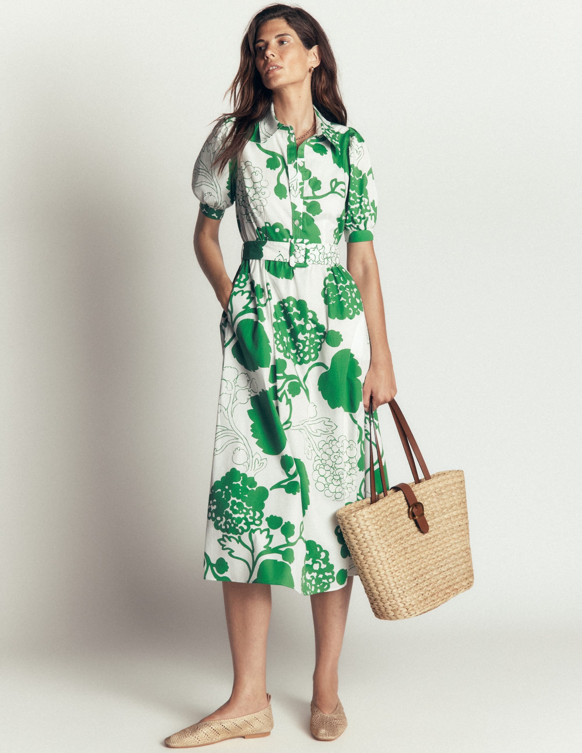 Belted Cotton Midi Dress-Ivory, Hydrangea Frenzy - Image 4