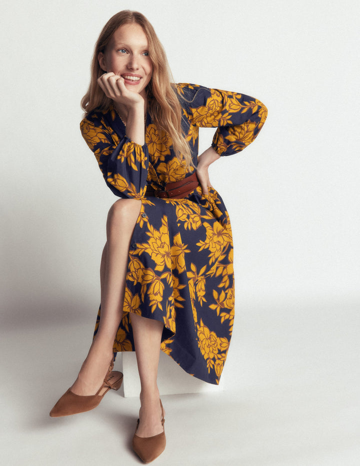 Nicola Cotton Midi Dress-Gold Wheat, Enchanted Peony