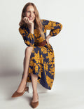 Nicola Cotton Midi Dress-Gold Wheat, Enchanted Peony