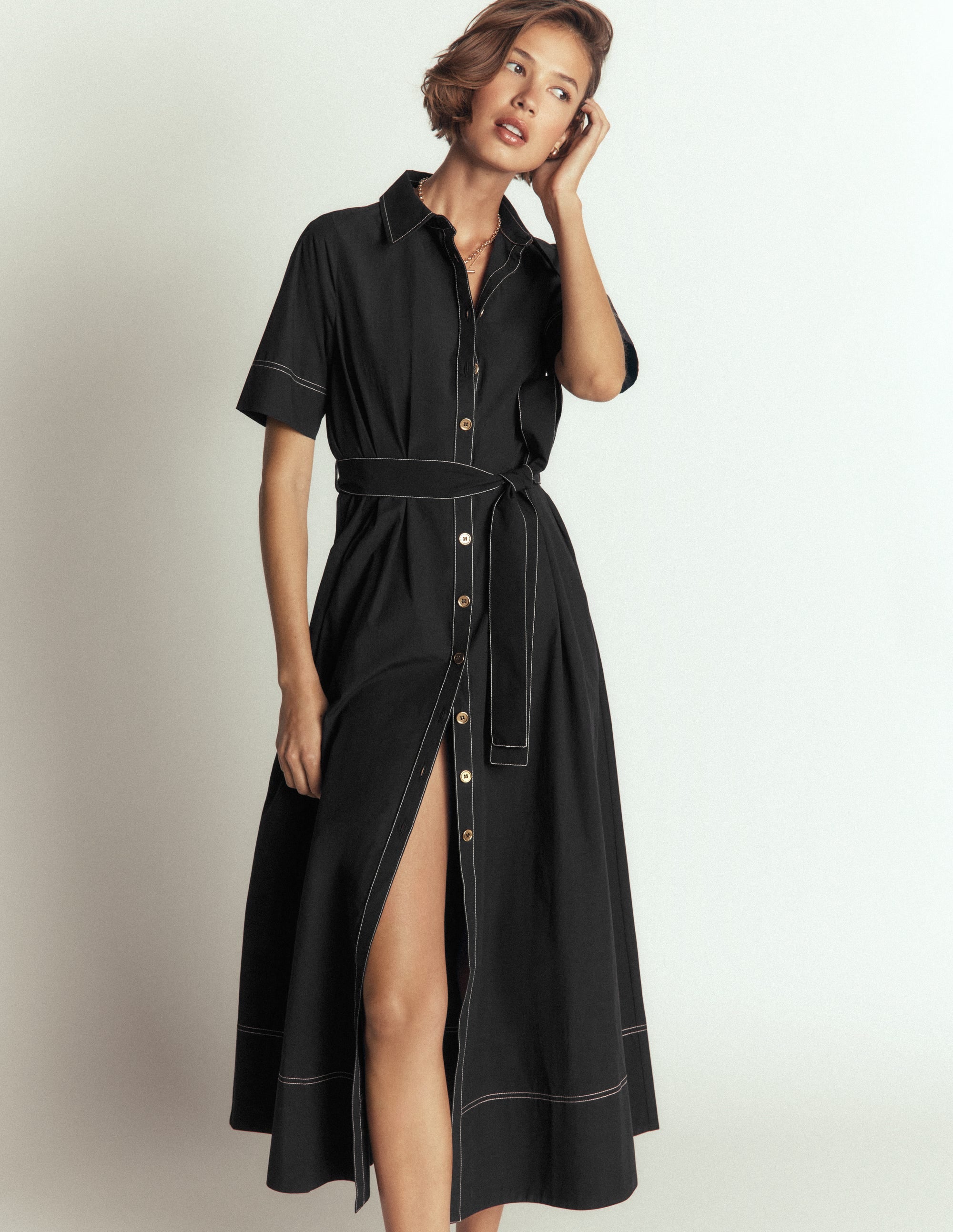 Sarah Cotton Midi Shirt Dress-Black - Image 1