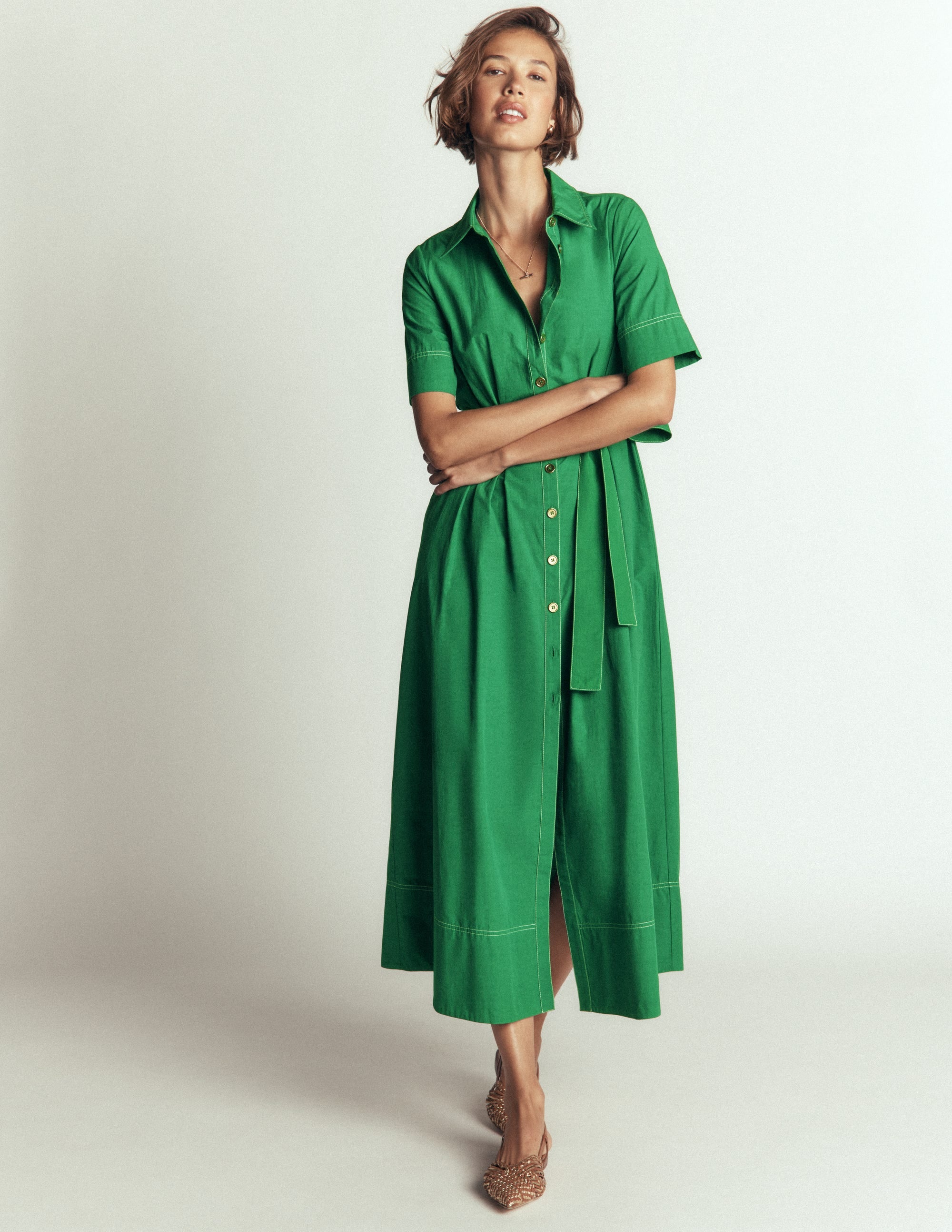 Sarah Cotton Midi Shirt Dress-Fresh Green - Image 4