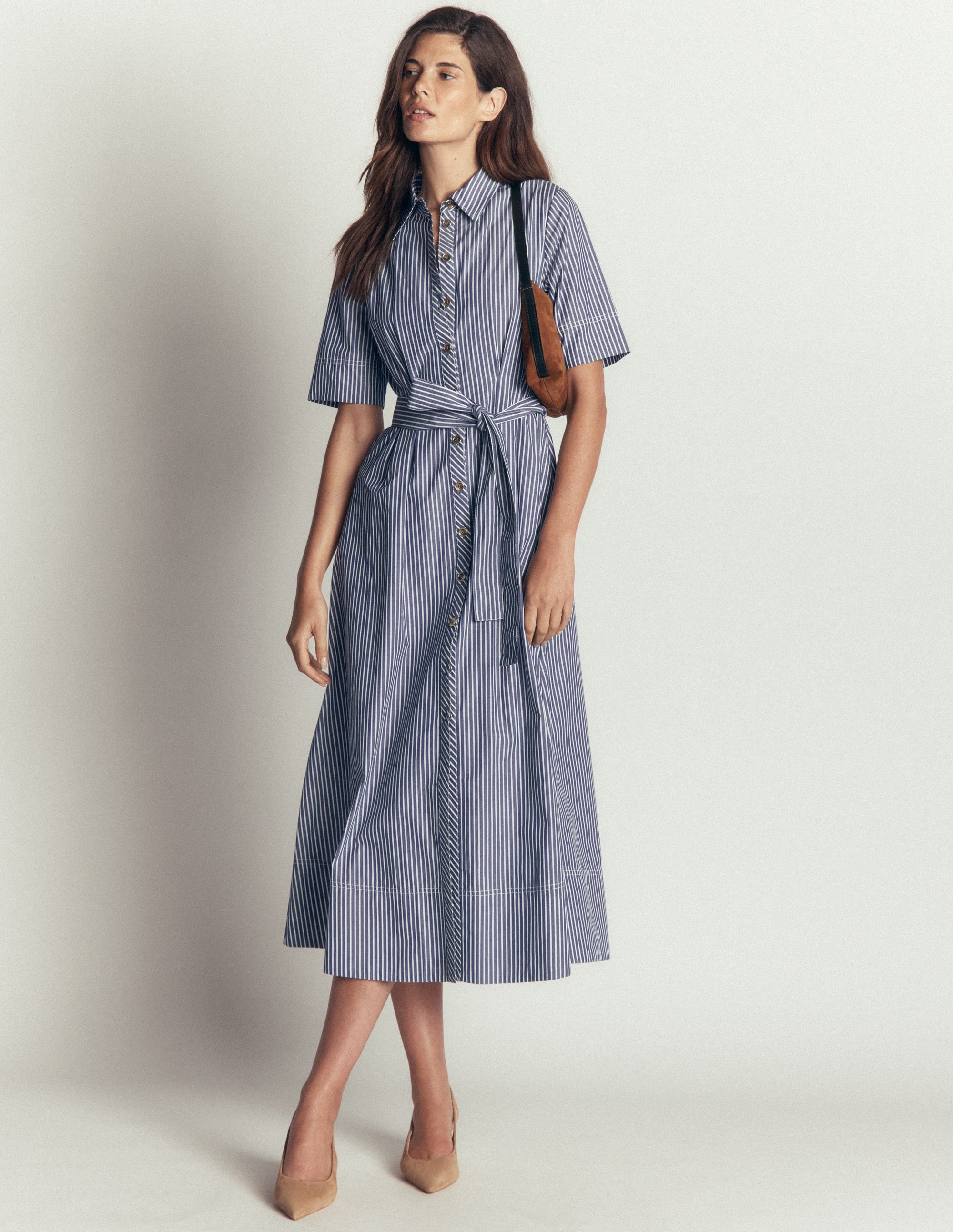 Sarah Cotton Midi Shirt Dress-Navy Ivory Fine Stripe - Image 1