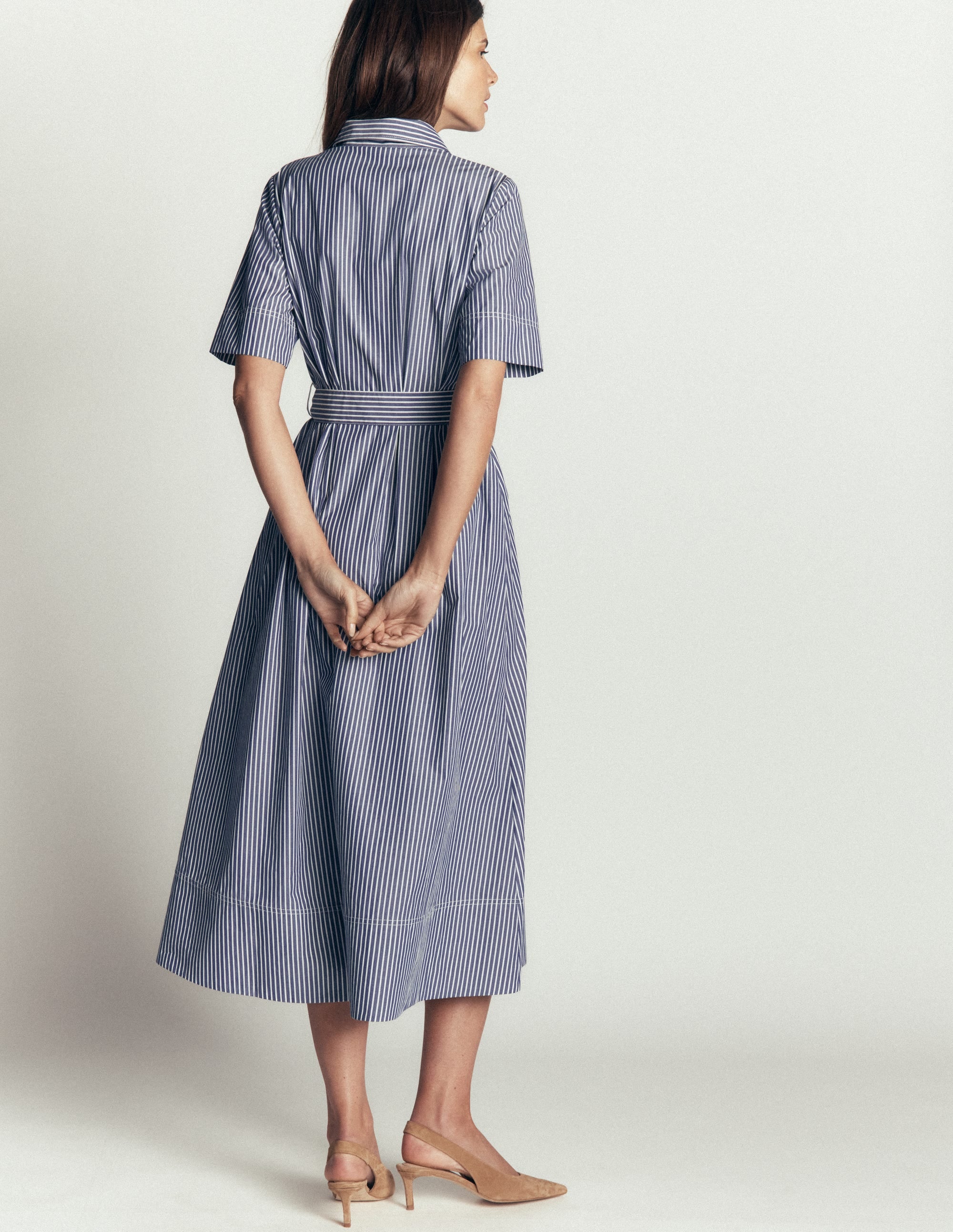 Sarah Cotton Midi Shirt Dress-Navy Ivory Fine Stripe - Image 3